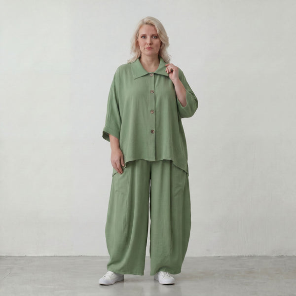 Khaki Lagenlook Bluse Leinenoptik Oversize relaxed luftig zeitlos modern chic Sommerstil