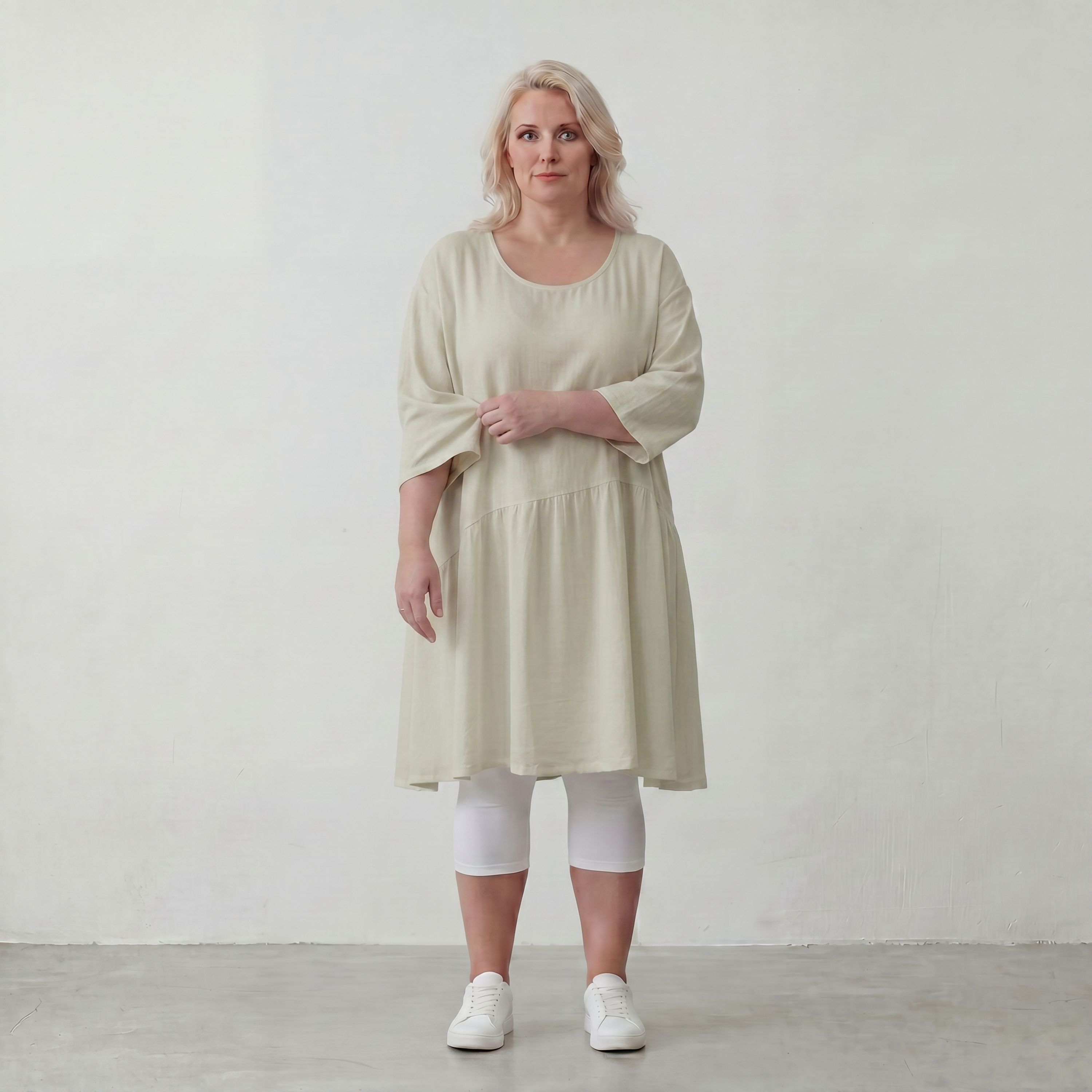 Zeitloses Beigekleid im legeren Lagenlook mit Leinenoptik Oversize A Linie leicht luftig