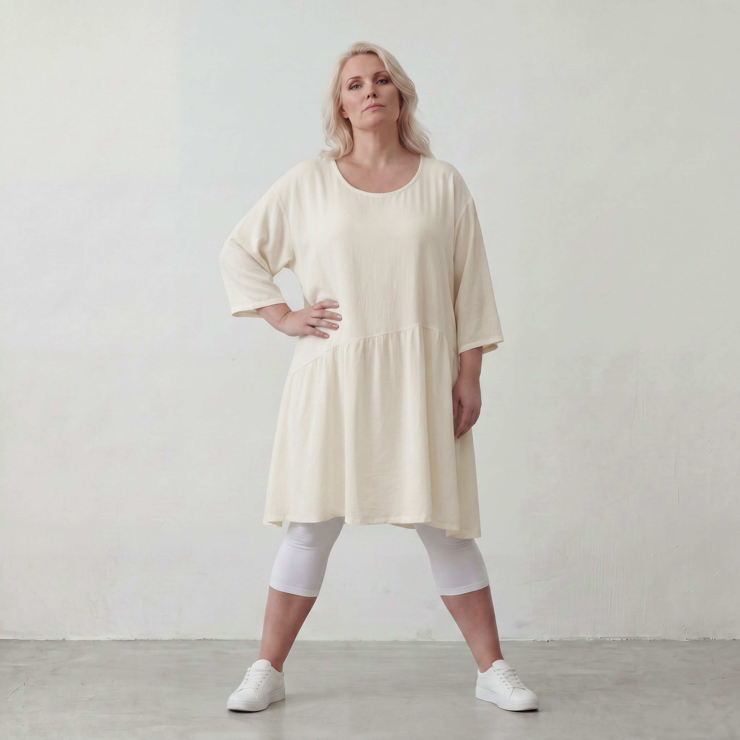 Leinenoptik Kleid in Creme Lagenlook leger Oversize A Linie zeitlos luftig weich elegant