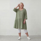 Fliessendes A Linien Kleid in Khaki mit Leinenlook leger Oversize zeitlos luftig Taschen