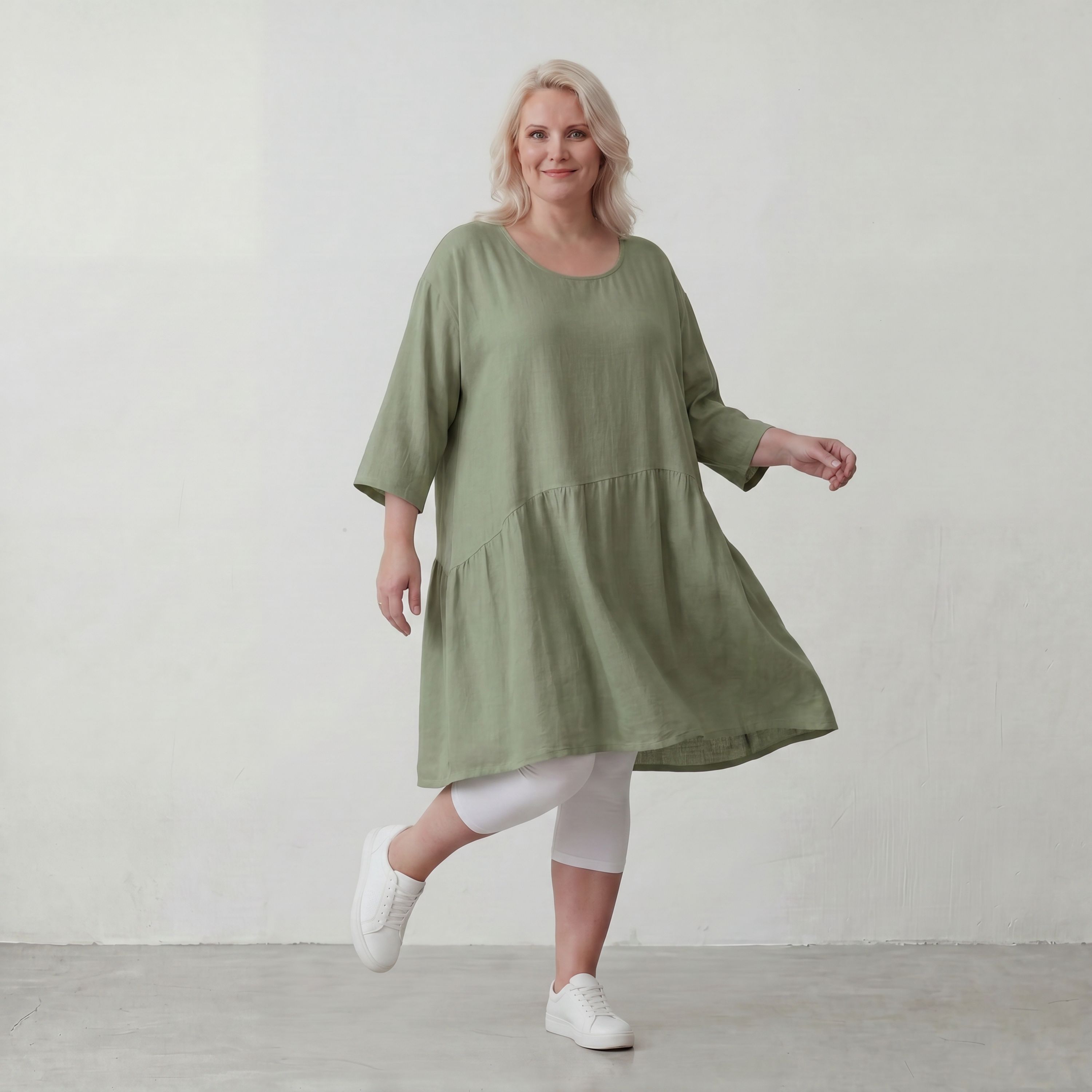 Fliessendes A Linien Kleid in Khaki mit Leinenlook leger Oversize zeitlos luftig Taschen