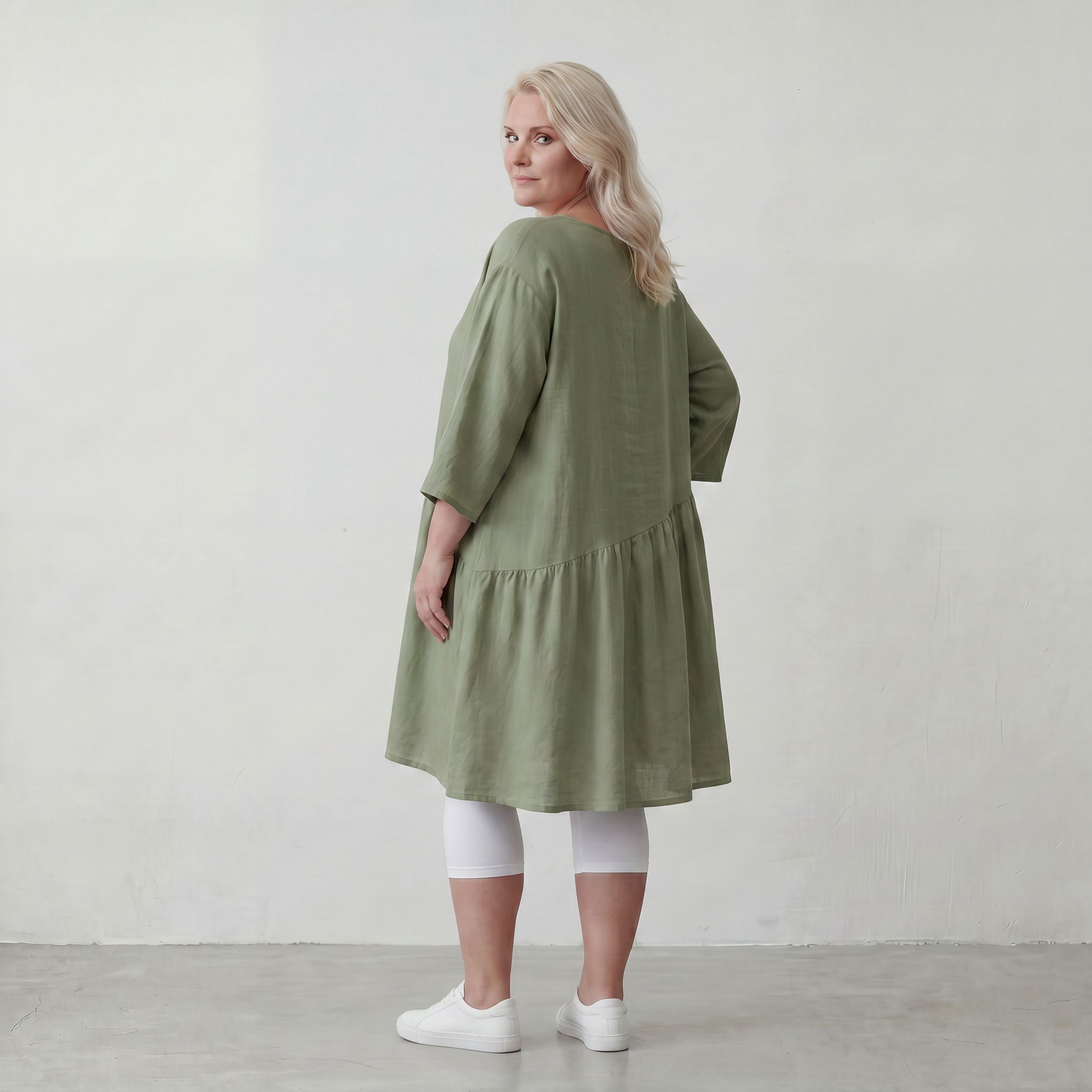 Fliessendes A Linien Kleid in Khaki mit Leinenlook leger Oversize zeitlos luftig Taschen