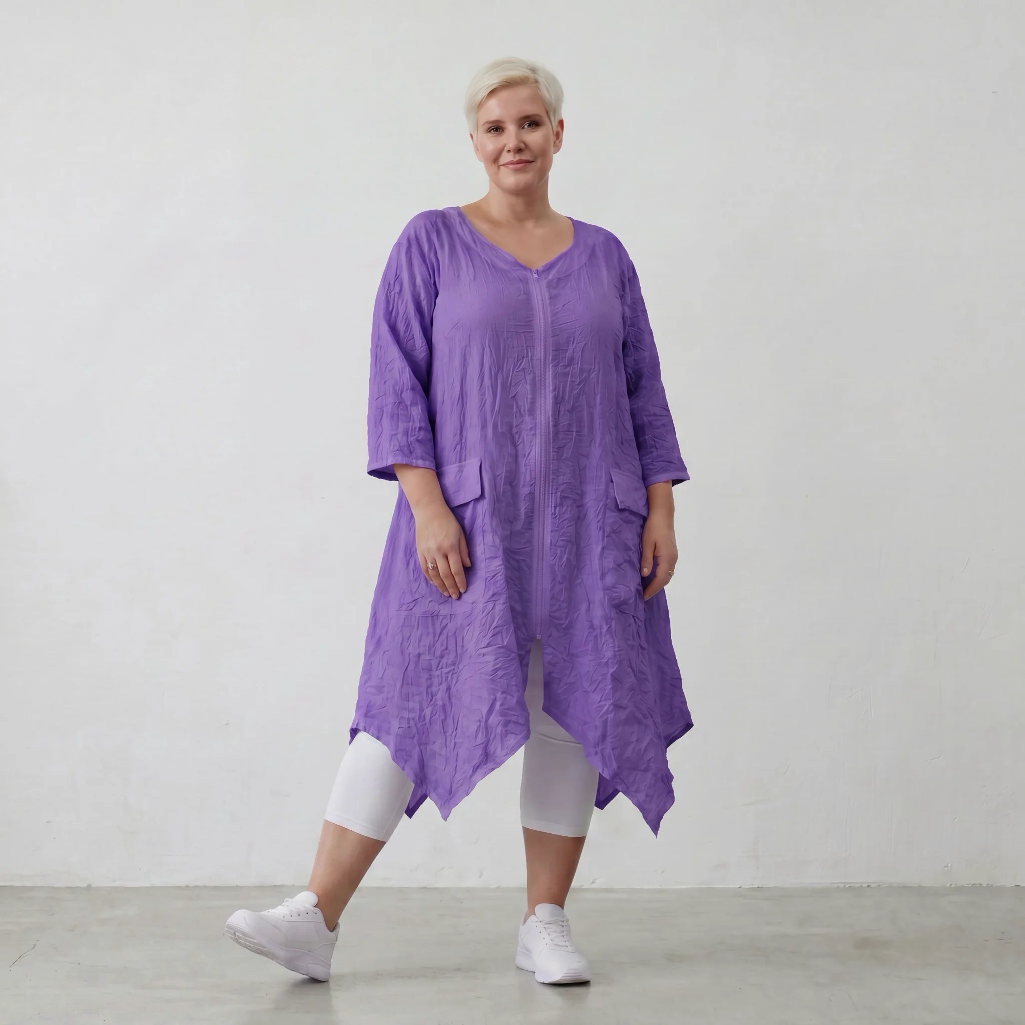 A-Form Oversize Mantel im ausgefallenen Lagenlook, luftig leicht mit Zipfeln und Taschen, Lila