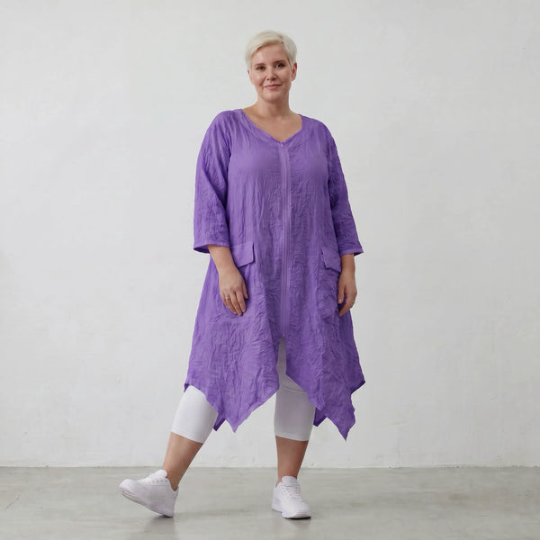 A-Form Oversize Mantel im ausgefallenen Lagenlook, luftig leicht mit Zipfeln und Taschen, Lila