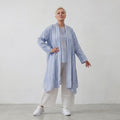 Leichter Oversize Cardigan in Jeansblau/Weiß für Lagenlook mit sehr fließender Silhouette