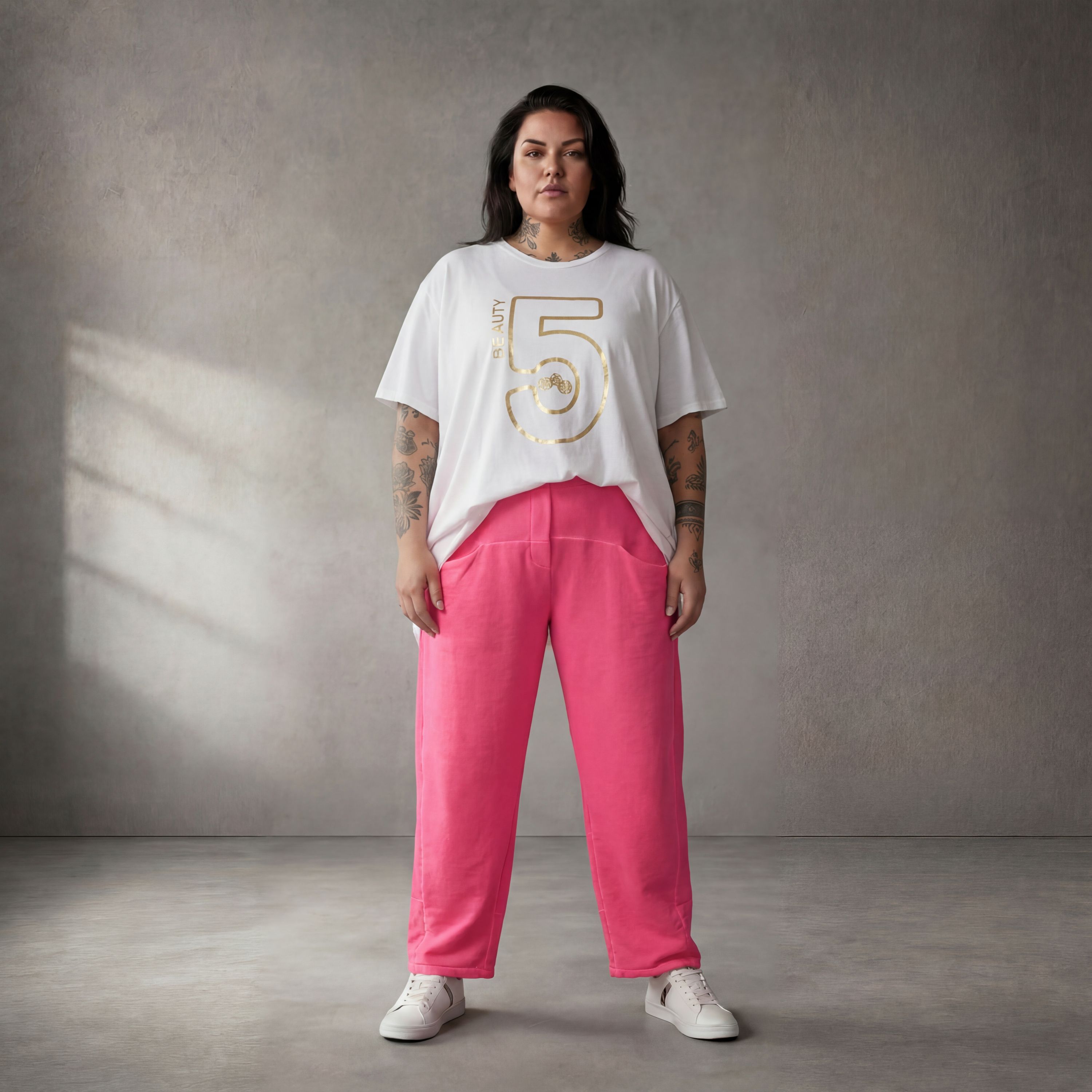 Damen Hose Lagenlook Baumwolle Pink, Karottenschnitt, Elastikbund, Oversize große Größen – Funky Diva
