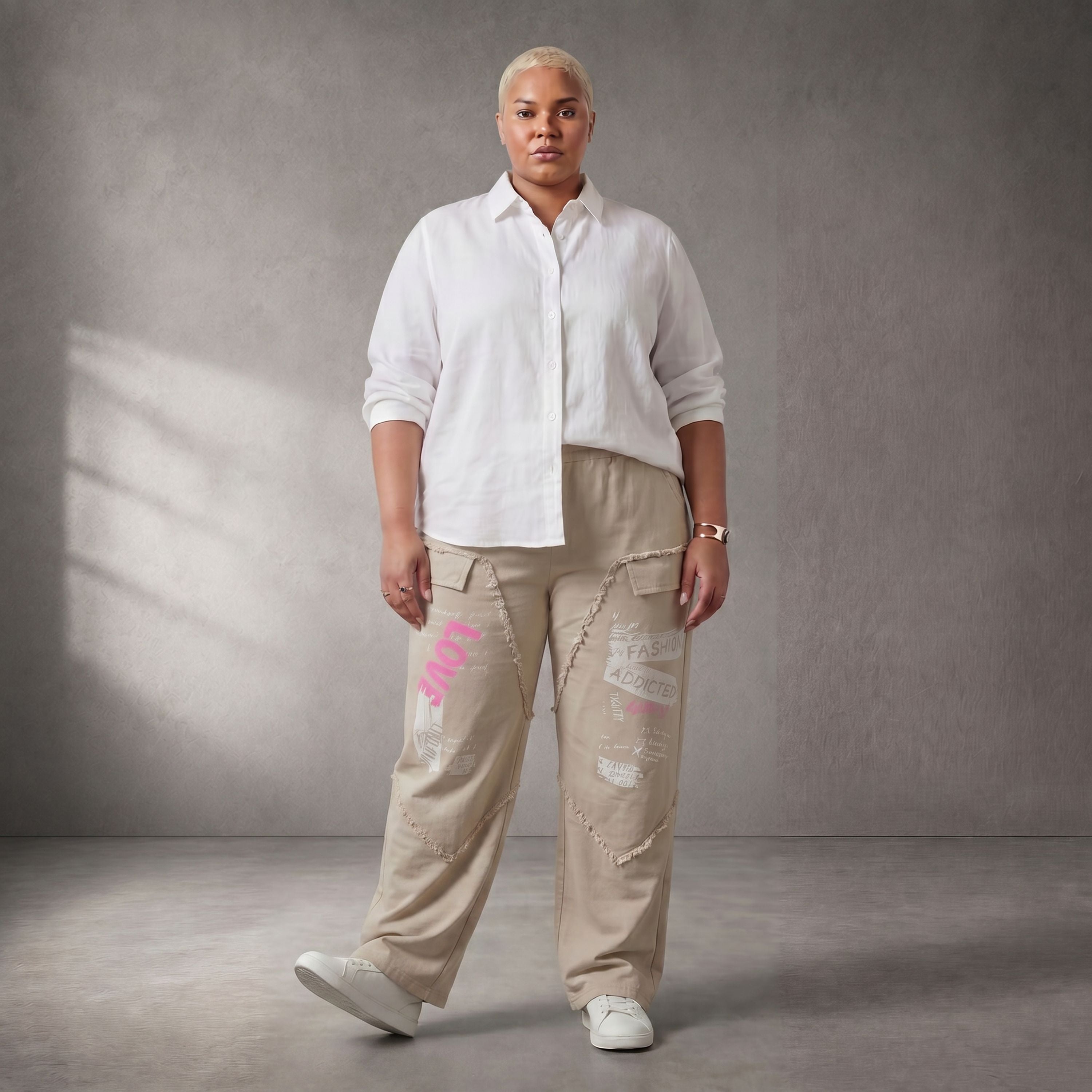 Damen Hose Lagenlook Baumwolle Beige, Fransen, Oversize große Größen – Funky Diva