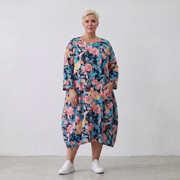 Sommerliches Ballonkleid in Leinenoptik in Aqua mit 3/4-Arm Rundhals und Seitentaschen
