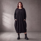 Damen Kleid Lagenlook Baumwolle Schwarz, Ballonschnitt, Langarm, Oversize große Größen – Funky Diva