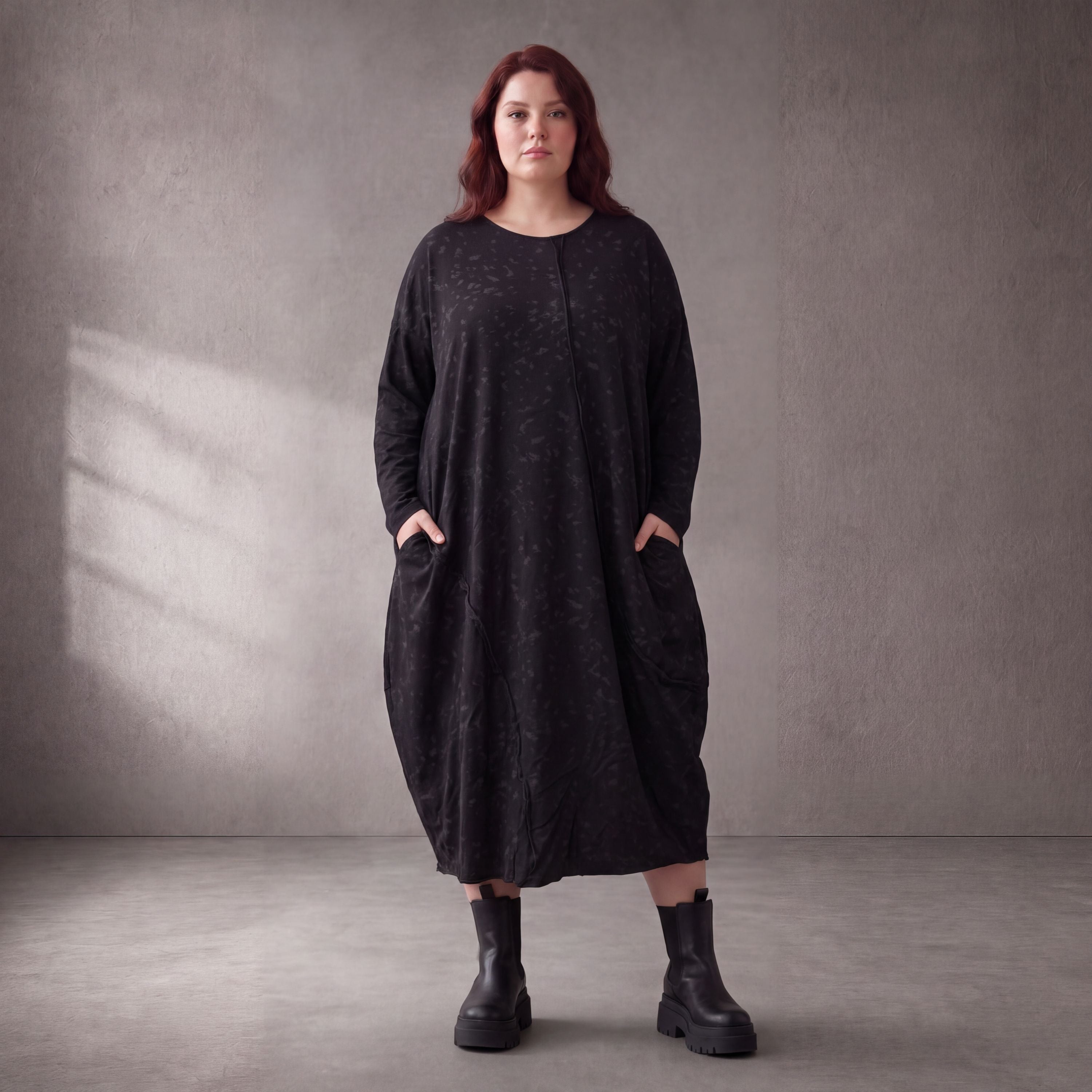 Damen Kleid Lagenlook Baumwolle Schwarz, Ballonschnitt, Langarm, Oversize große Größen – Funky Diva