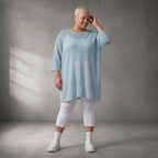 Damen Shirt Lagenlook Baumwolle Hellblau, gerader Schnitt, Kurzarm, Oversize große Größen – Funky Diva