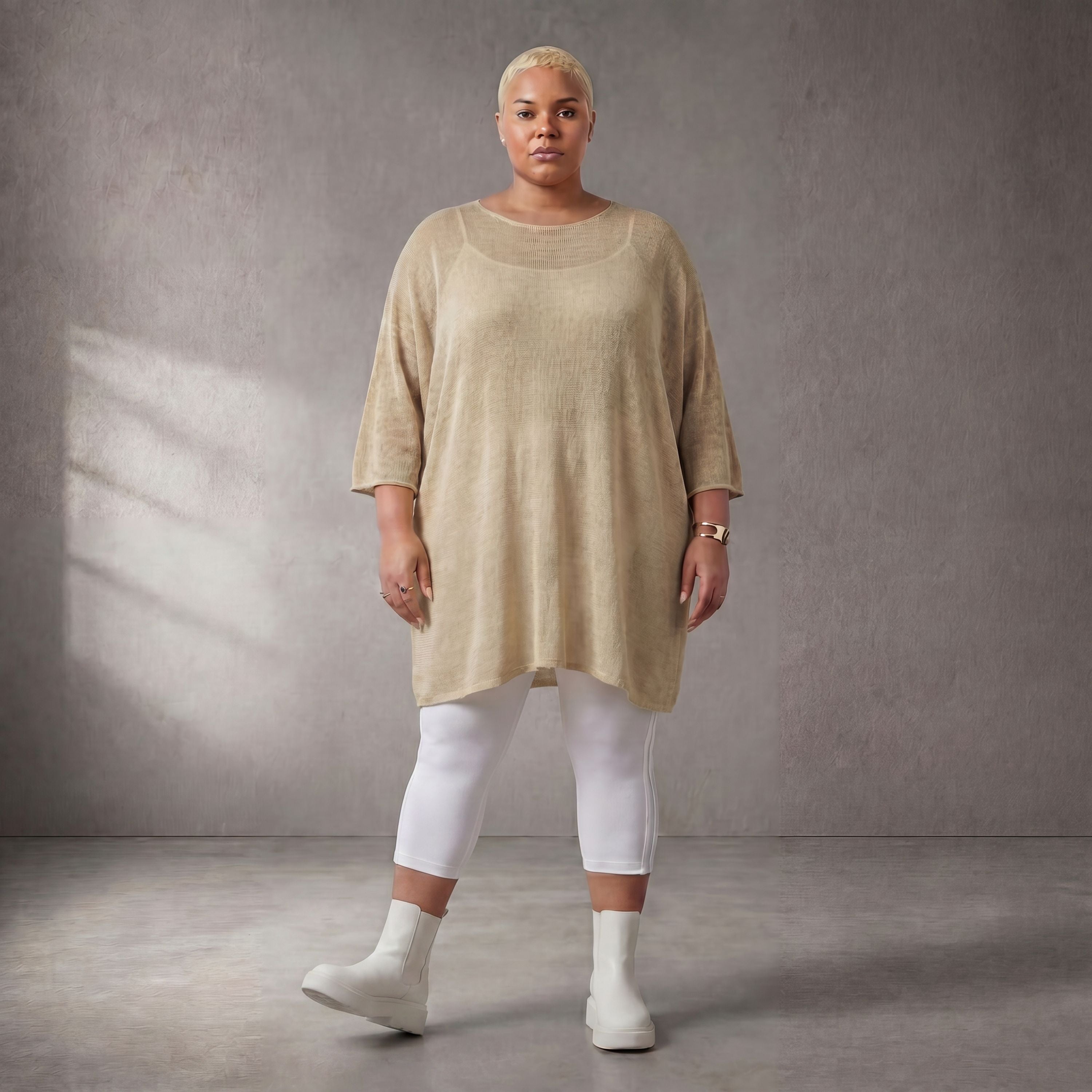 Damen Shirt Lagenlook Baumwolle Beige, gerader Schnitt, Kurzarm, Oversize große Größen – Funky Diva