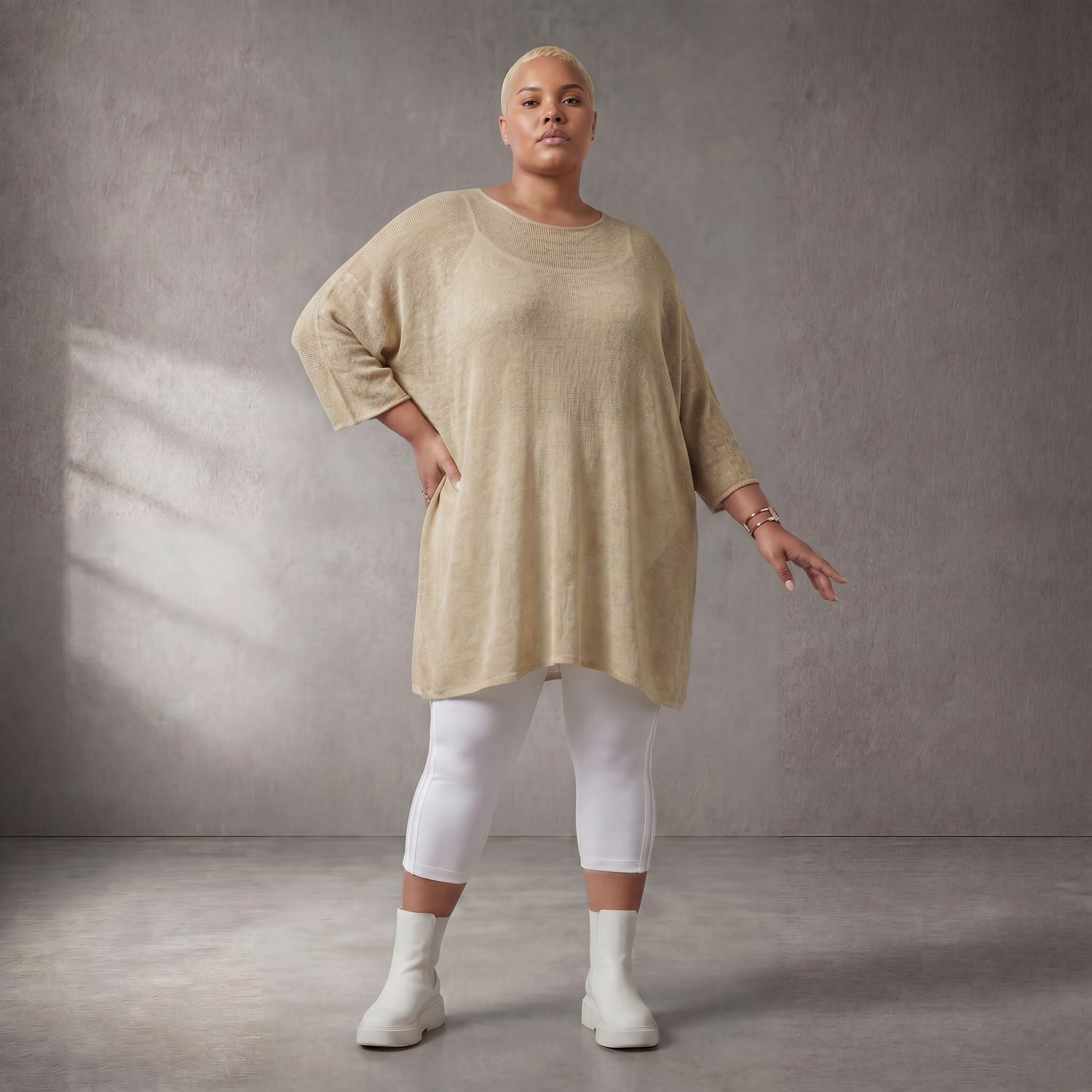 Damen Shirt Lagenlook Baumwolle Beige, gerader Schnitt, Kurzarm, Oversize große Größen – Funky Diva