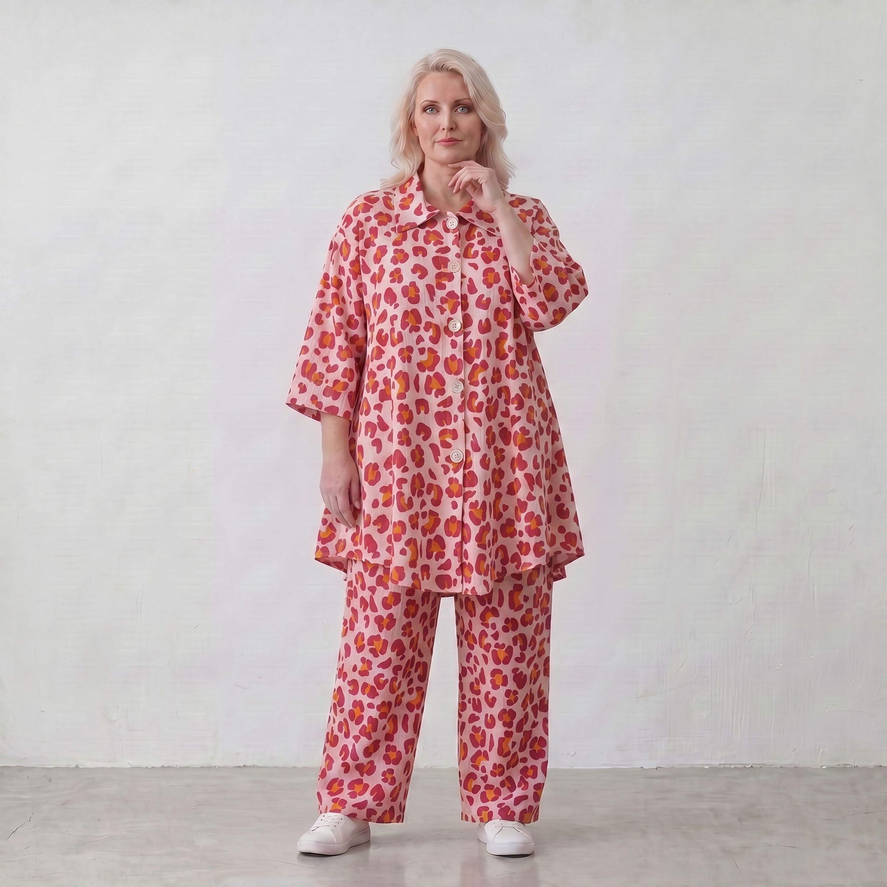 Damen Bluse Lagenlook Baumwolle Rose/Rot, gerader Schnitt, Knopfleiste, Oversize große Größen – AKH Fashion