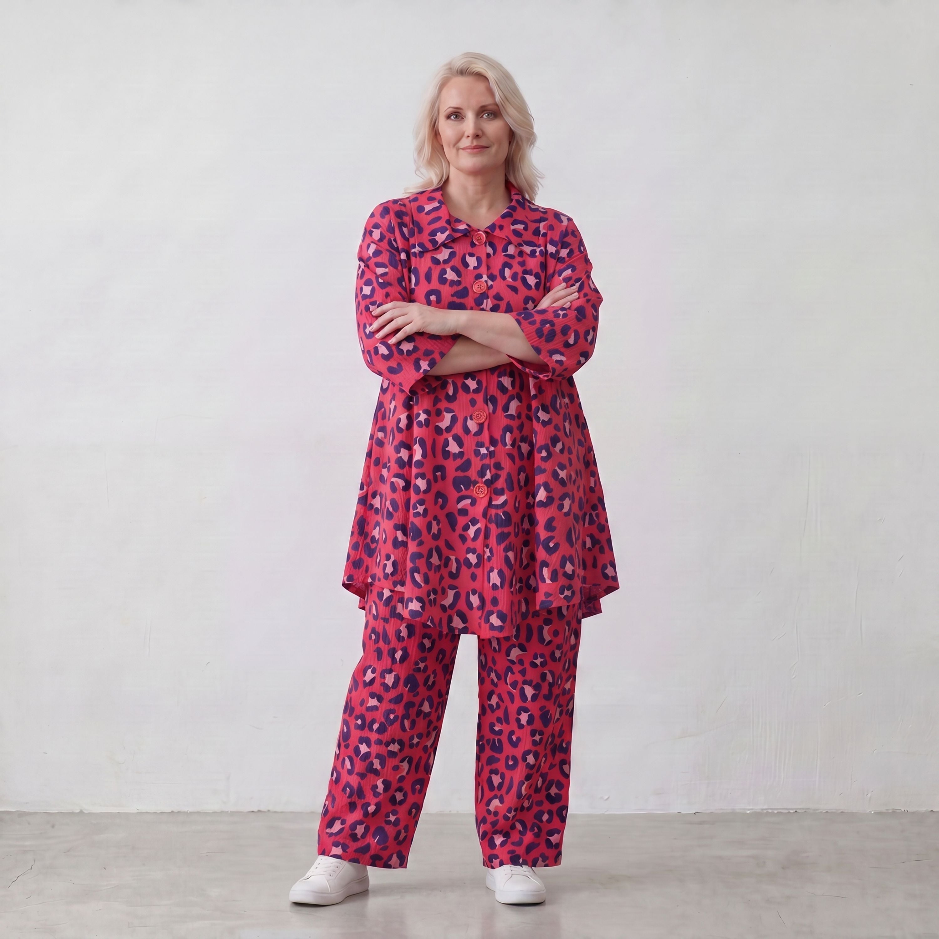 Damen Bluse Lagenlook Baumwolle Fuchsia/Marine, 3/4-Arm, Knopfleiste, Oversize große Größen – AKH Fashion