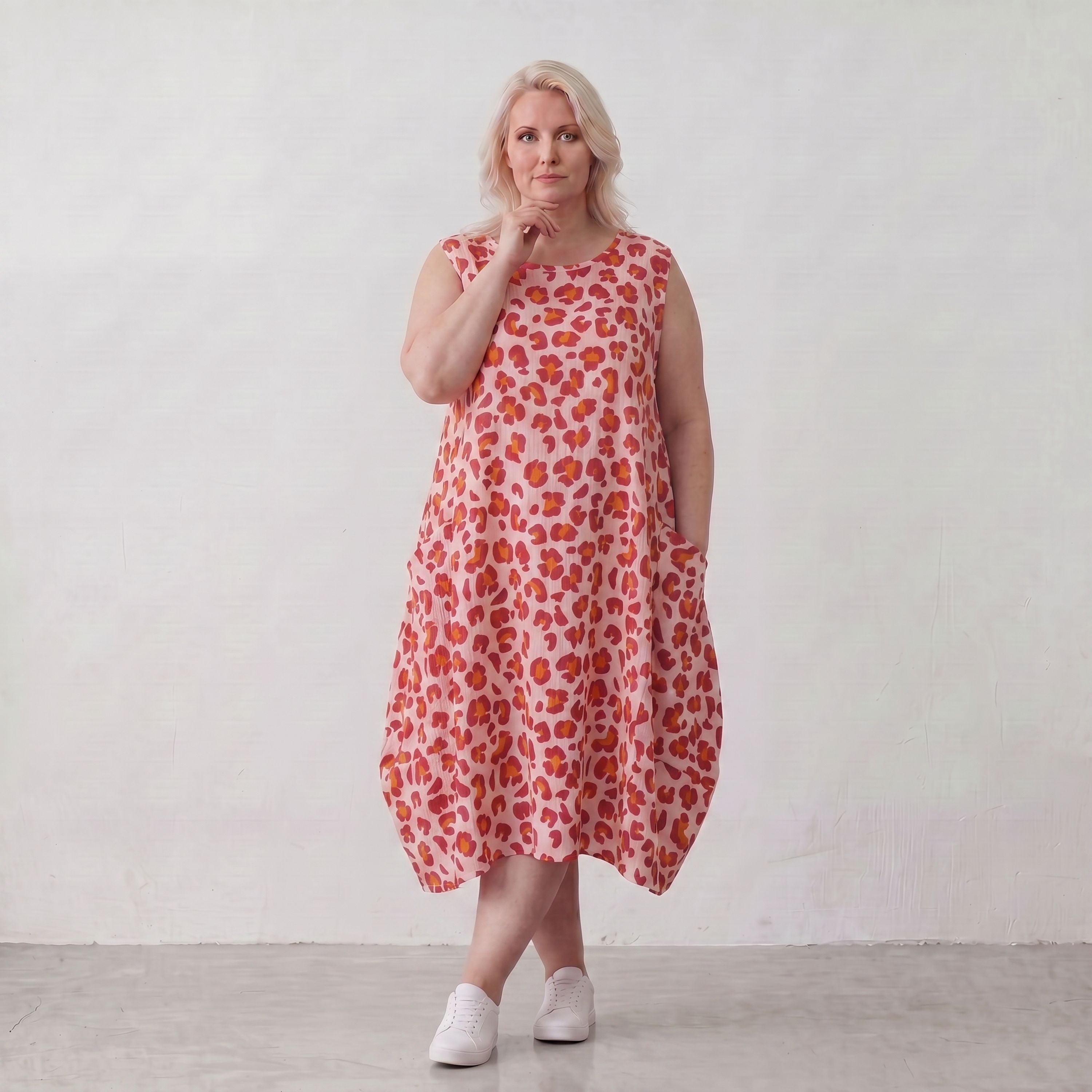 Damen Kleid Lagenlook Baumwolle Rose/Rot, Ballonschnitt, Taschen, Oversize große Größen – AKH Fashion
