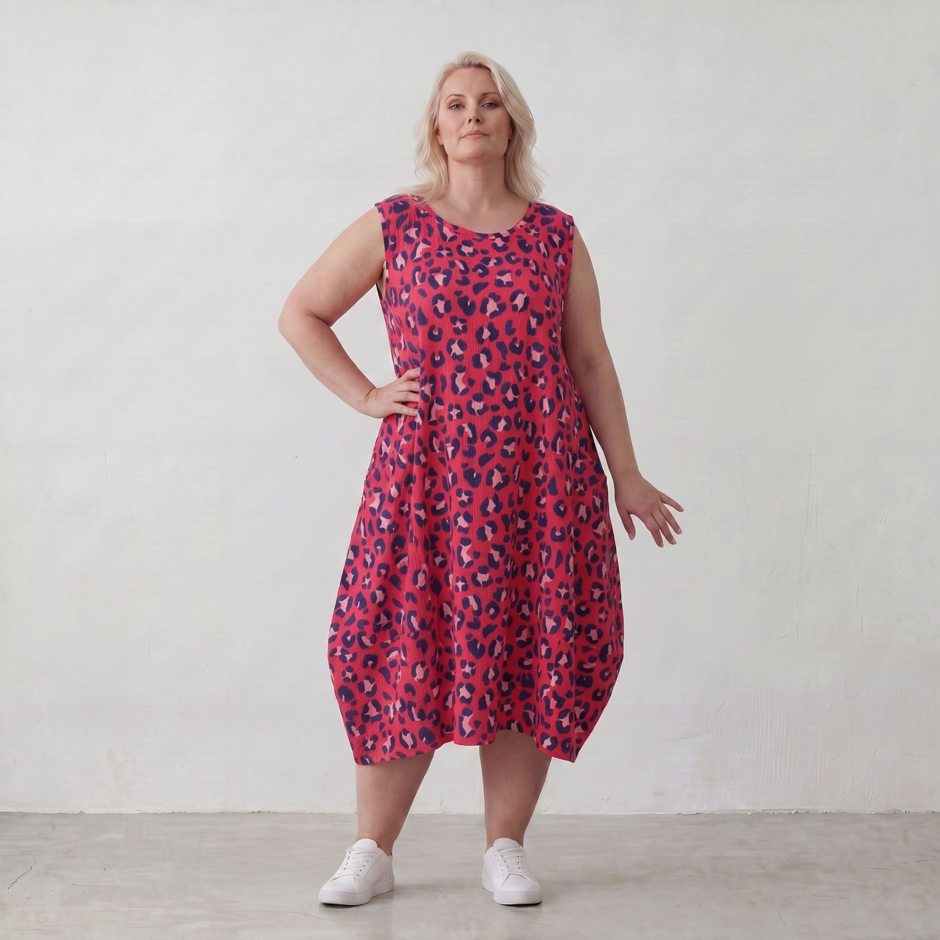 Damen Kleid Lagenlook Baumwolle Fuchsia/Marine, Ballonschnitt, Taschen, Oversize große Größen – AKH Fashion