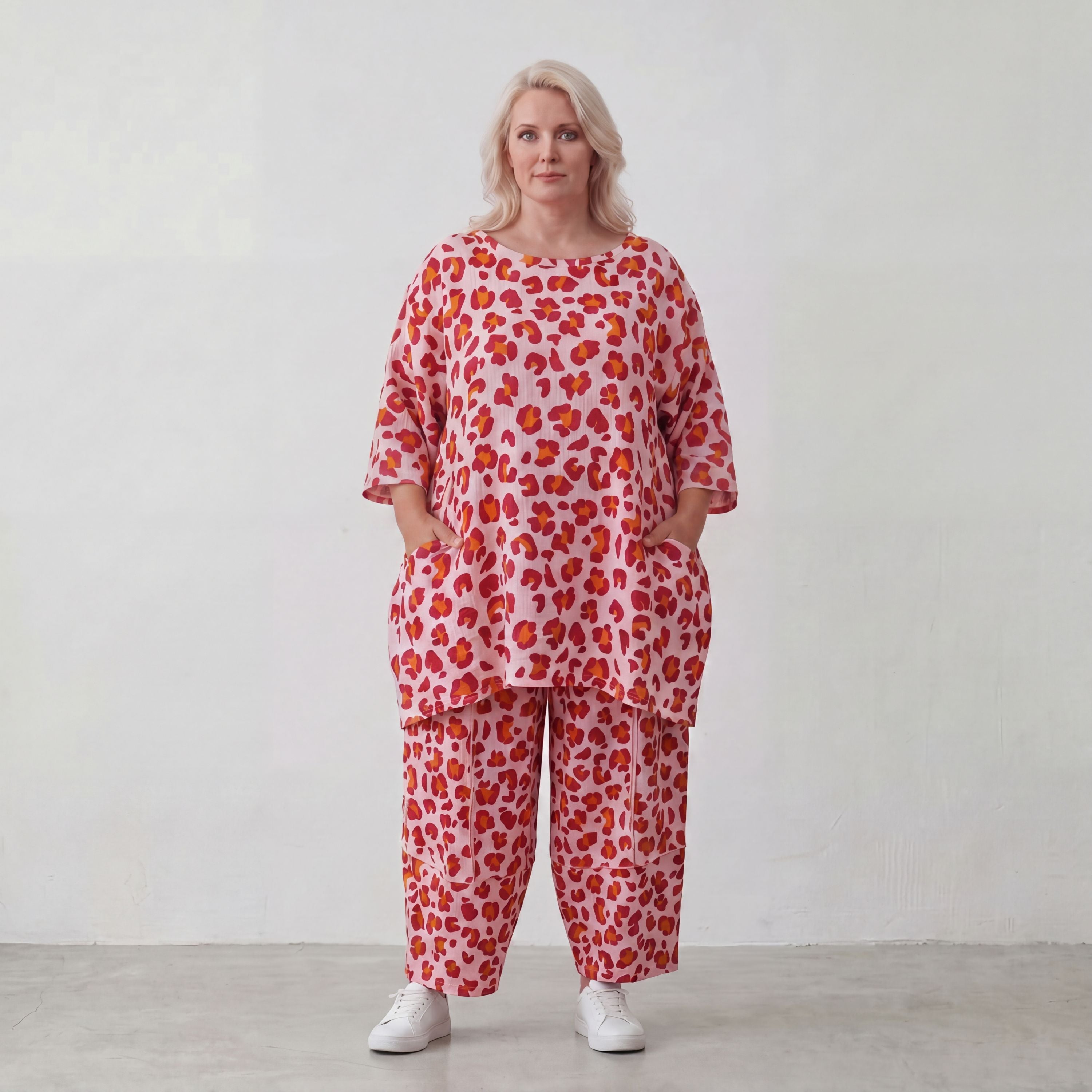 Damen Shirt Lagenlook Baumwolle Rose/Rot, A-Form, Taschen, Oversize große Größen – AKH Fashion