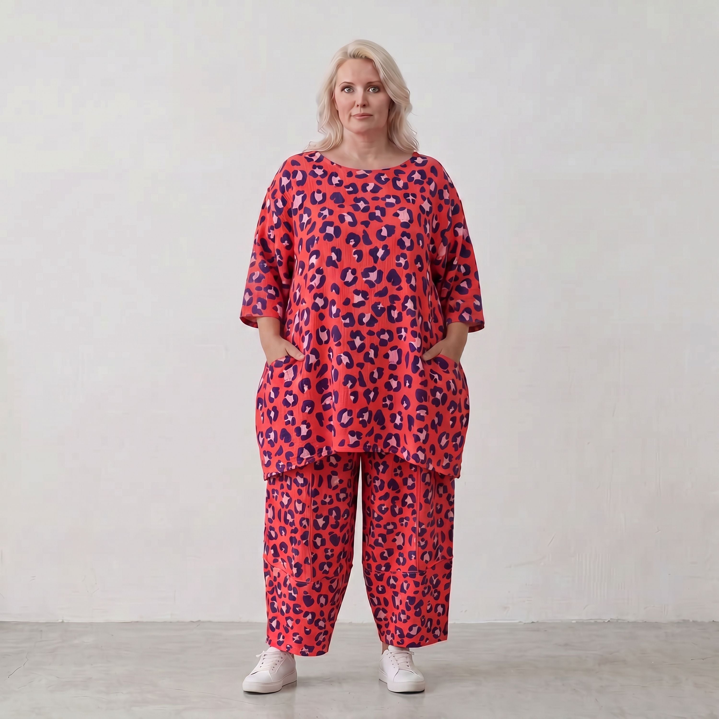 Damen Hose Lagenlook Baumwolle Fuchsia/Marine, Ballonschnitt, Elastikbund, Oversize große Größen – AKH Fashion
