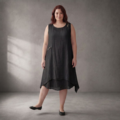 Oversize Tunika Schwarz fliessend im Lagenlook locker mit Taschen luftig A-Linie und soft