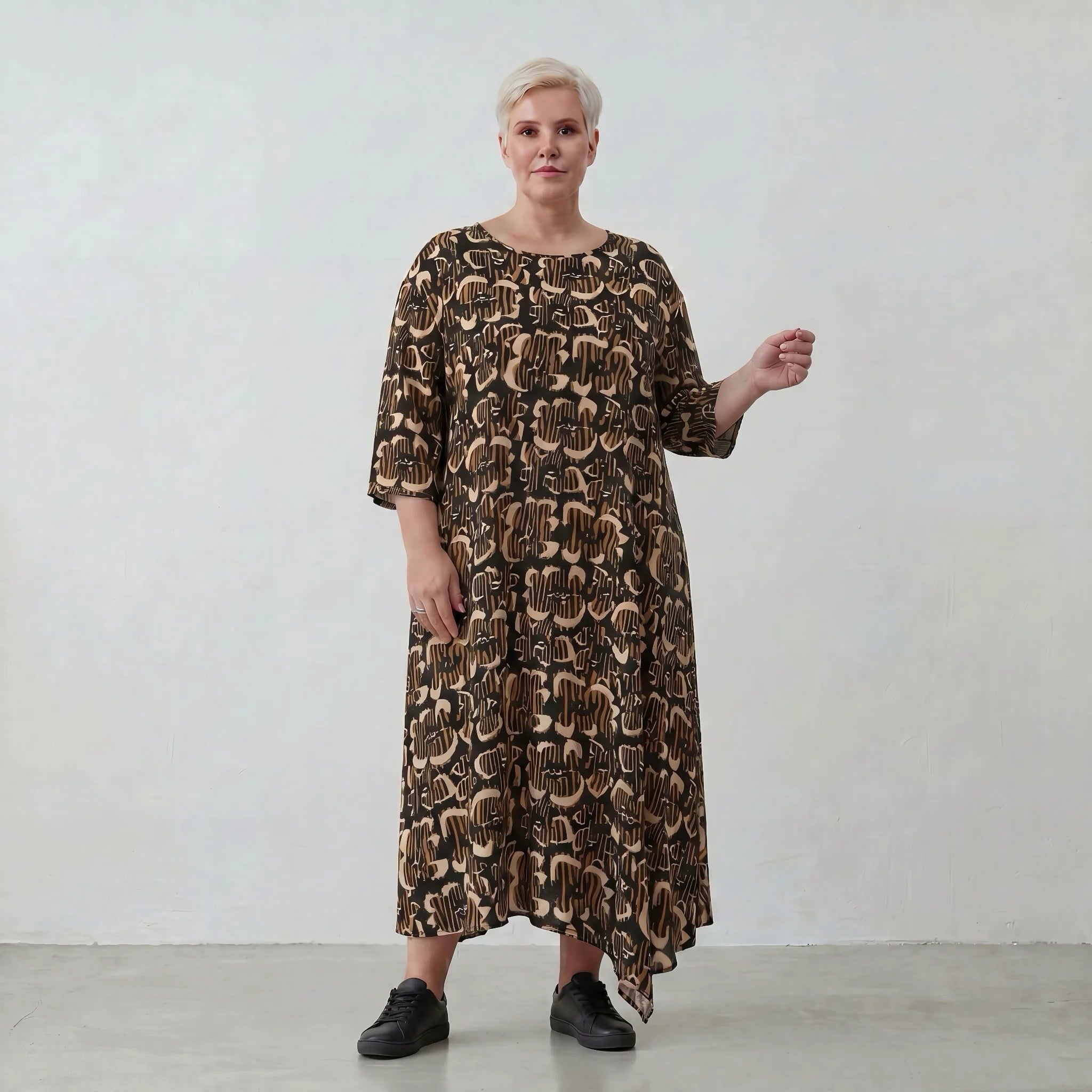 Luftiges Ballon Kleid im zeitlos ausgefallenen Lagenlook aus feiner Viskose Popeline, Schwarz/Sand/Beige