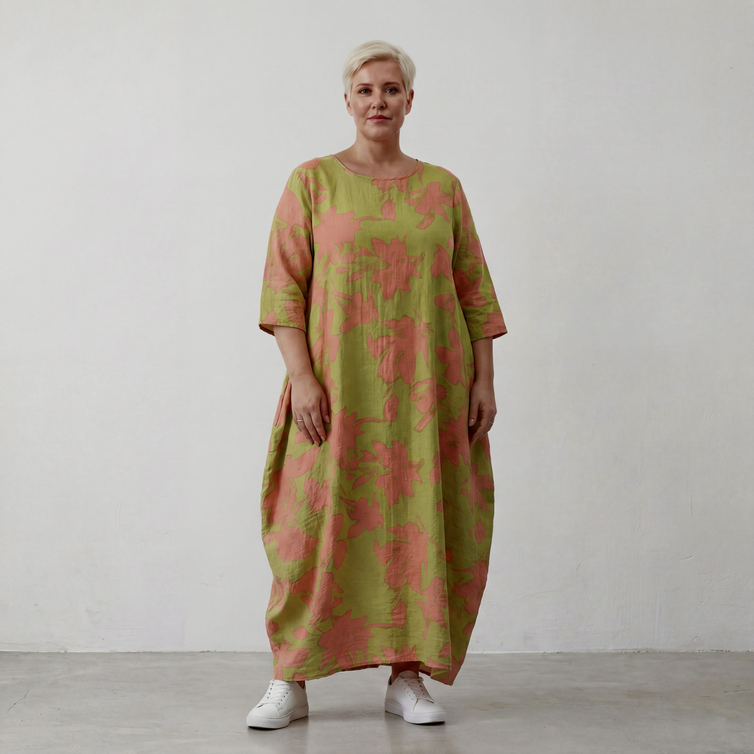 Ballonkleid in Apfelgrün und Korallrot im Klecksdesign aus Popeline mit Schimmerlook