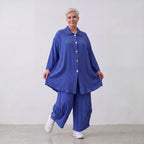 Damen Bluse Lagenlook Viskose Royalblau, 3/4-Arm, Knopfleiste, Oversize große Größen – AKH Fashion