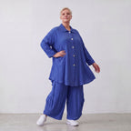 Damen Bluse Lagenlook Viskose Royalblau, 3/4-Arm, Knopfleiste, Oversize große Größen – AKH Fashion