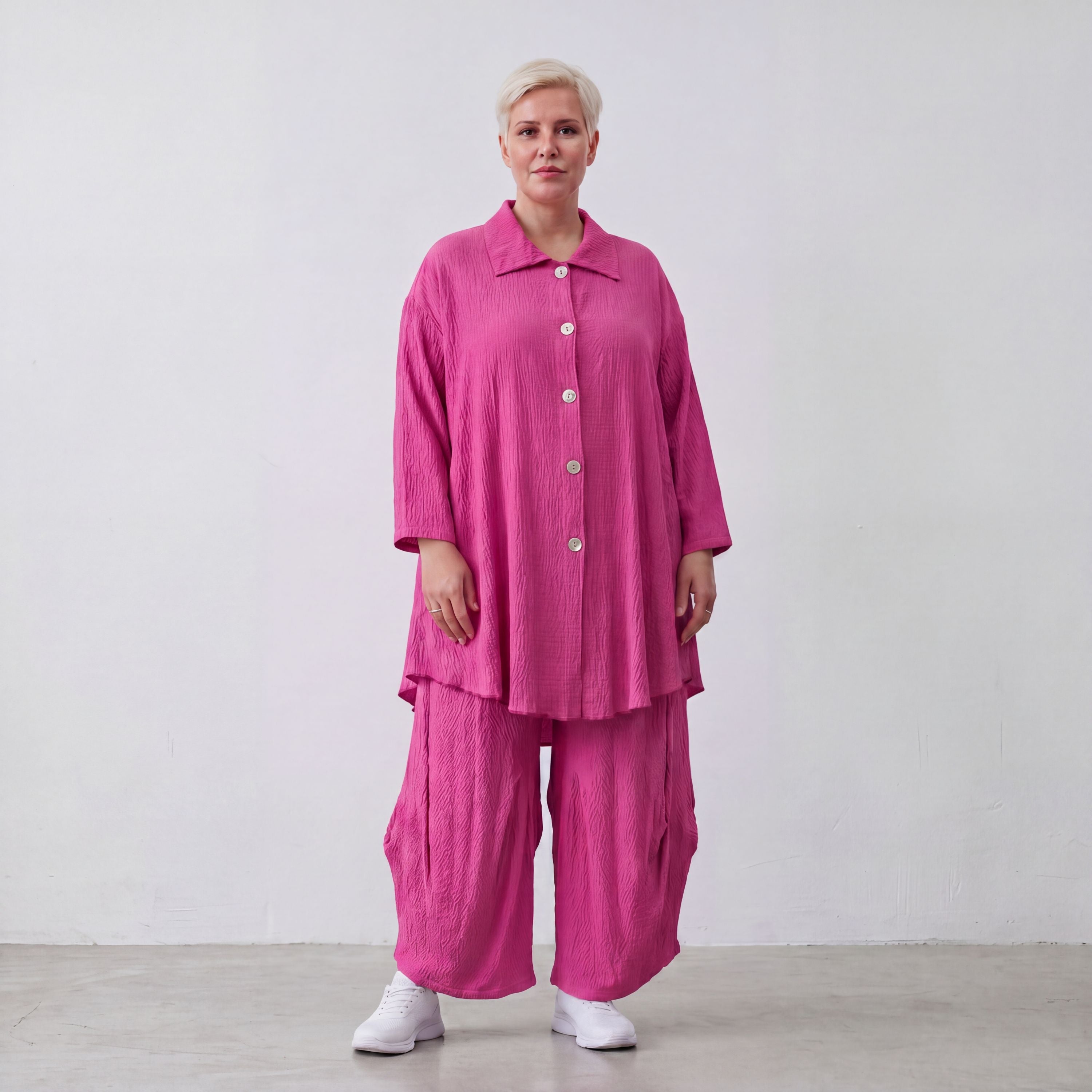 Damen Bluse Lagenlook Viskose Fuchsia, Knopfleiste, Oversize große Größen – AKH Fashion