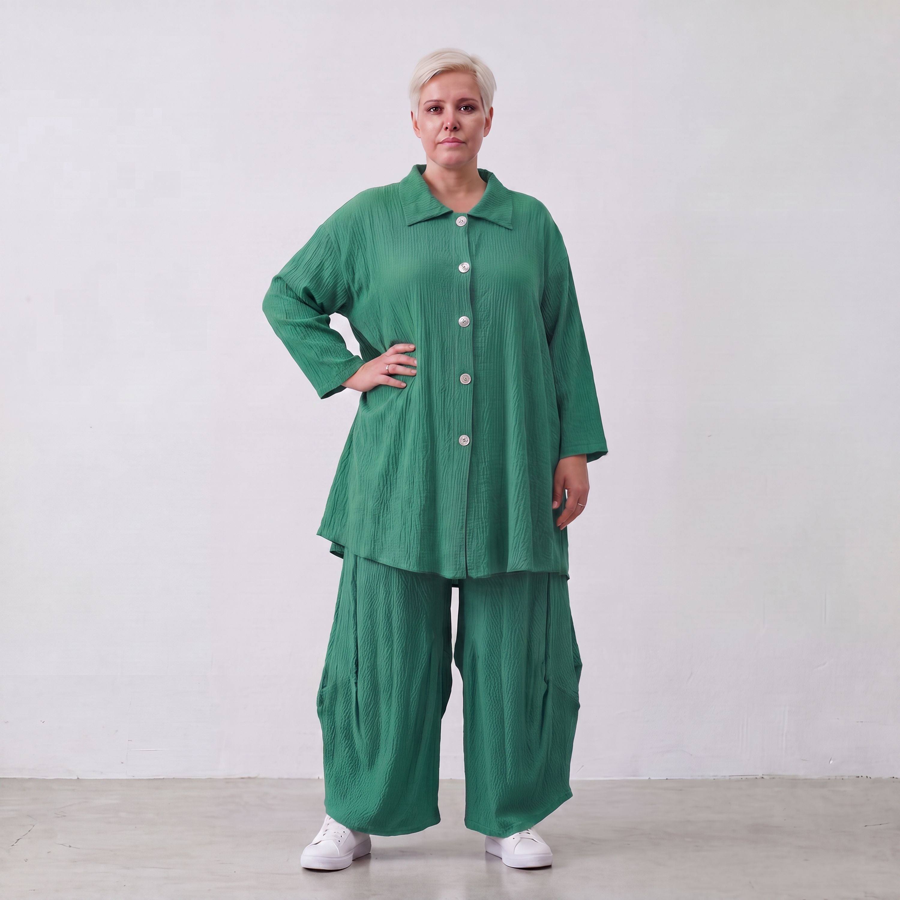 Damen Bluse Lagenlook Viskose Grün, 3/4-Arm, Knopfleiste, Oversize große Größen – AKH Fashion