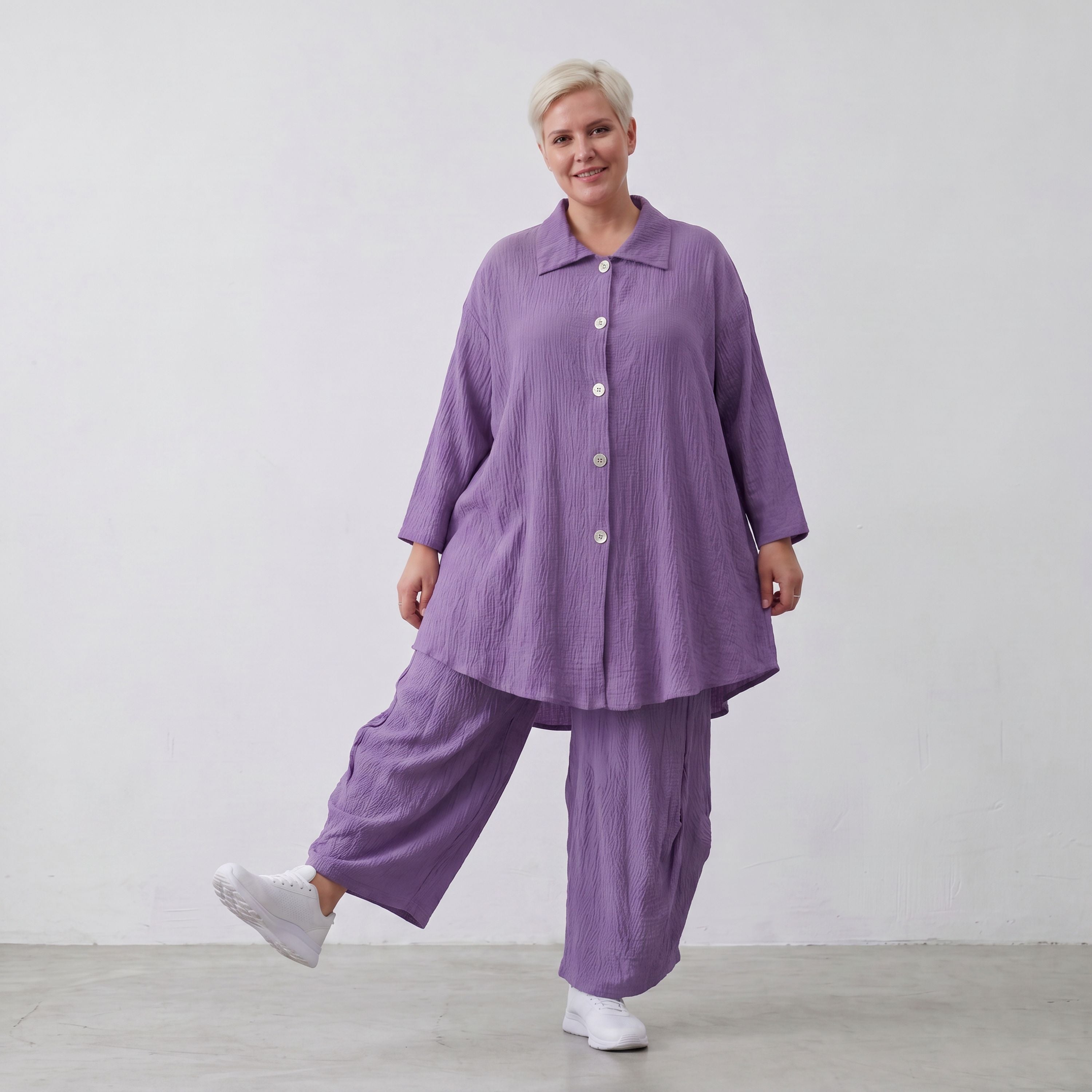 Damen Bluse Lagenlook Viskose Lila, 3/4-Arm, Knopfleiste, Oversize große Größen – AKH Fashion