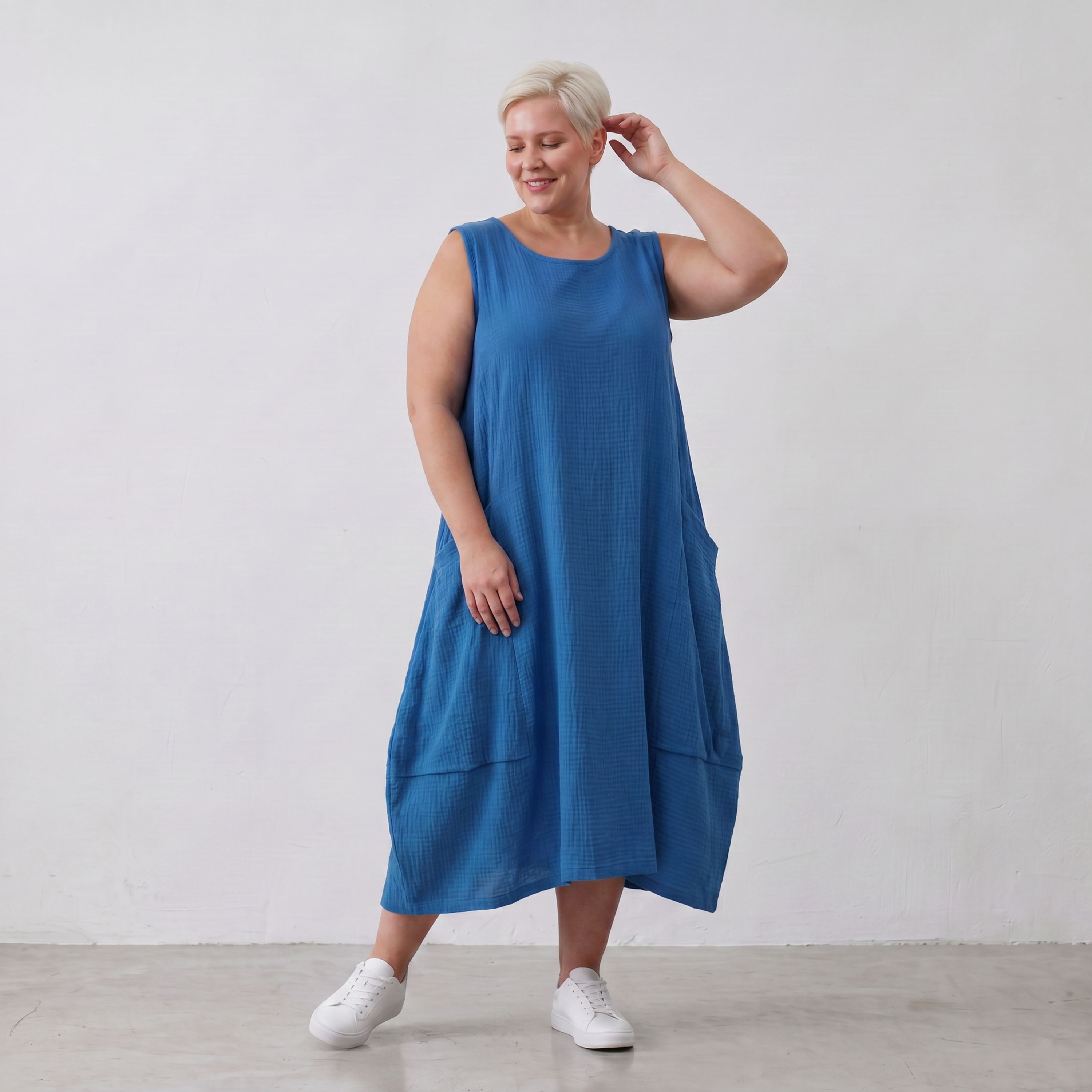 Damen Kleid Lagenlook Viskose Royalblau, Ballonschnitt, ärmellos, Taschen, Oversize große Größen – AKH Fashion