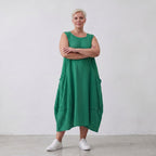 Damen Kleid Lagenlook Viskose Grün, Ballonschnitt, ärmellos, Taschen, Oversize große Größen – AKH Fashion