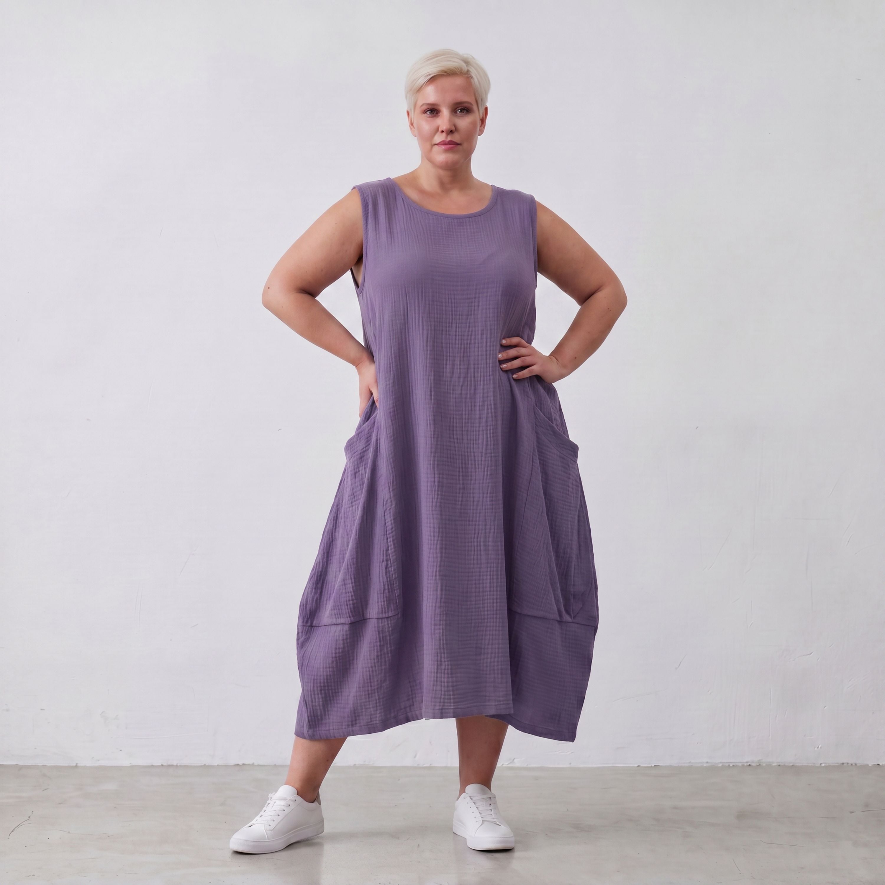 Damen Kleid Lagenlook Viskose Lila, Ballonschnitt, ärmellos, Taschen, Oversize große Größen – AKH Fashion