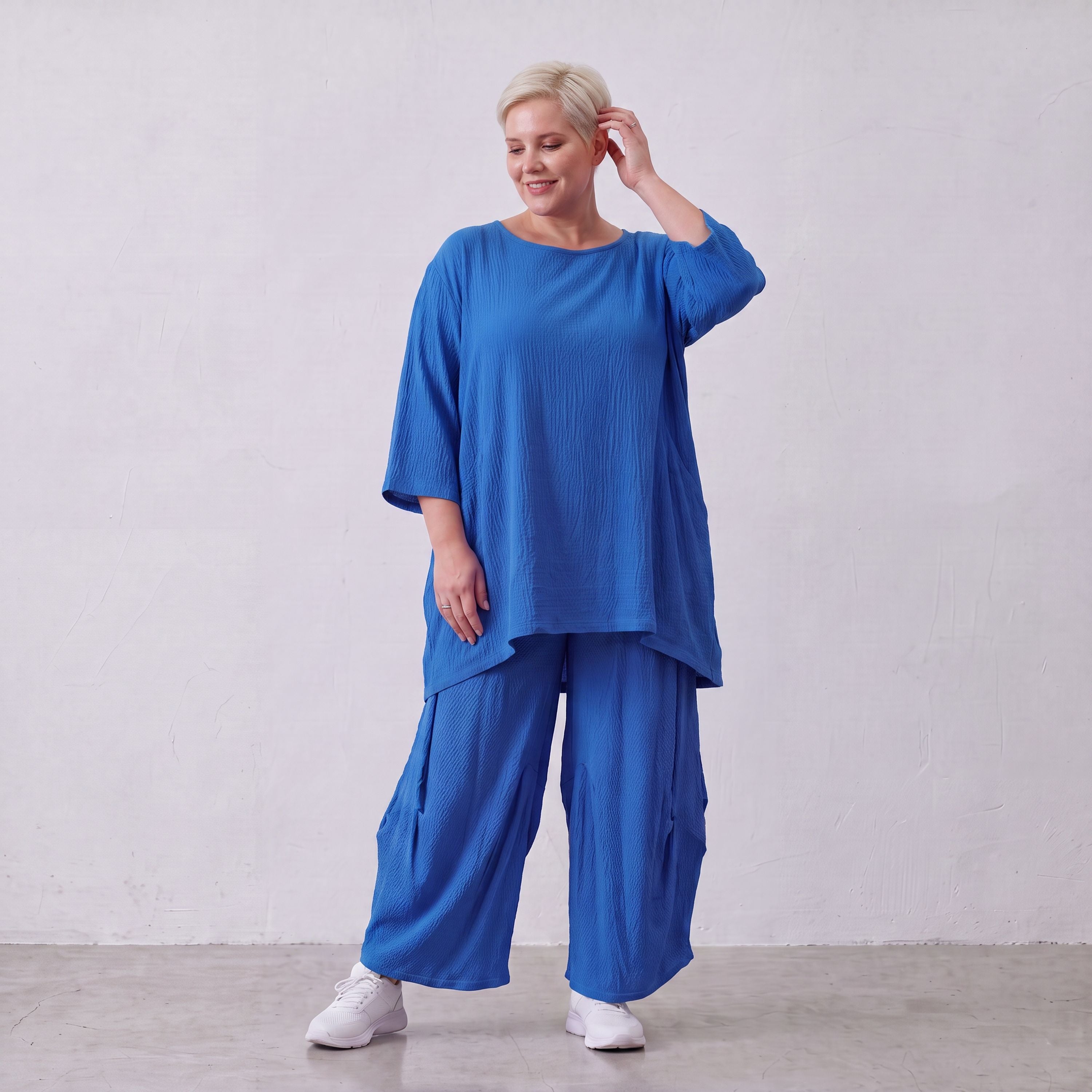 Damen Hose Lagenlook Viskose Royalblau, Ballonschnitt, Flügeltaschen, Oversize große Größen – AKH Fashion