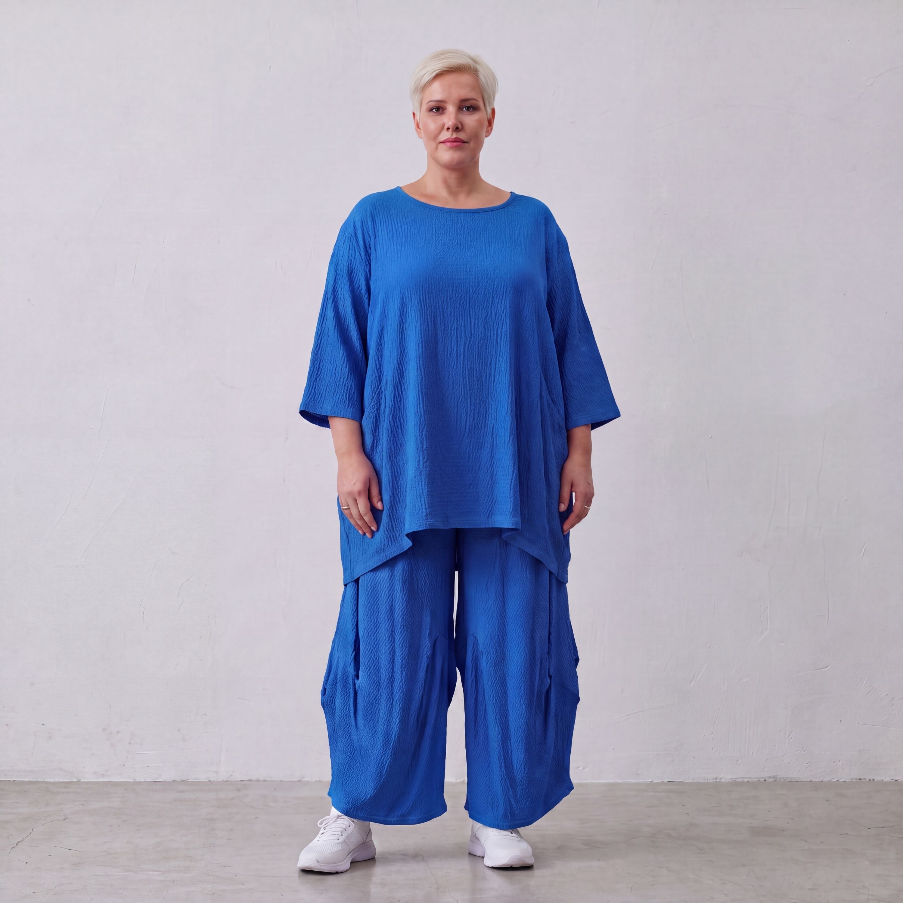 Damen Shirt Lagenlook Viskose Royalblau, A-Linie, 3/4-Arm, Oversize große Größen – AKH Fashion