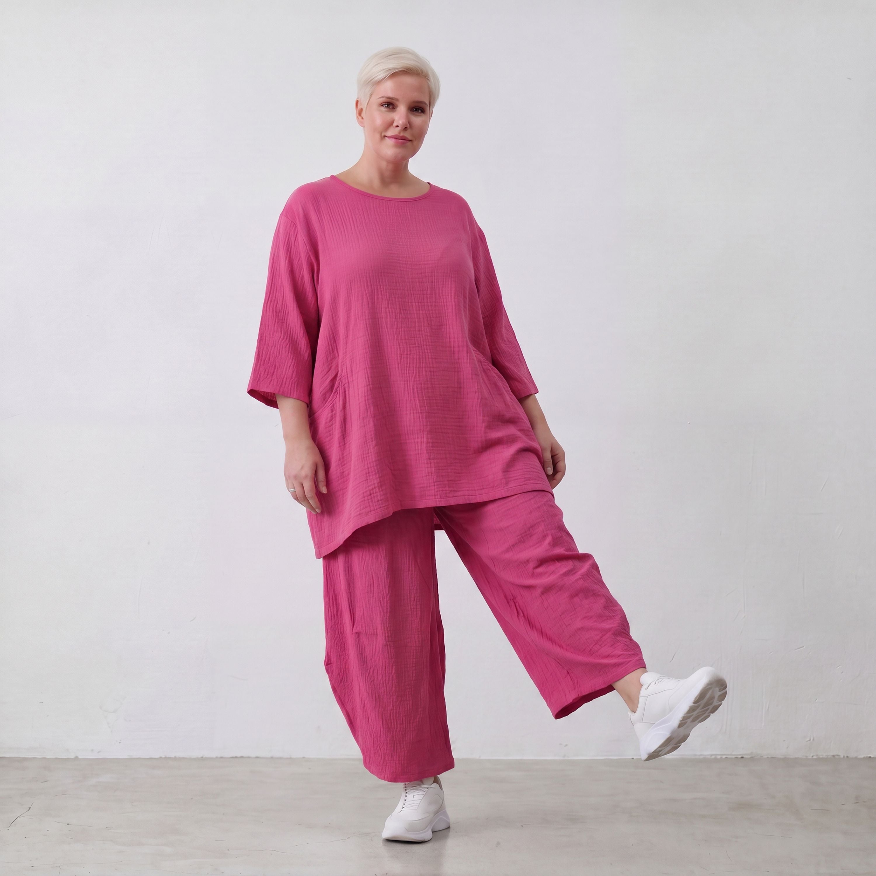 Damen Hose Lagenlook Viskose Fuchsia, Ballonschnitt, Flügeltaschen, Oversize große Größen – AKH Fashion