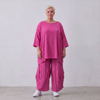 Damen Hose Lagenlook Viskose Fuchsia, Ballonschnitt, Flügeltaschen, Oversize große Größen – AKH Fashion