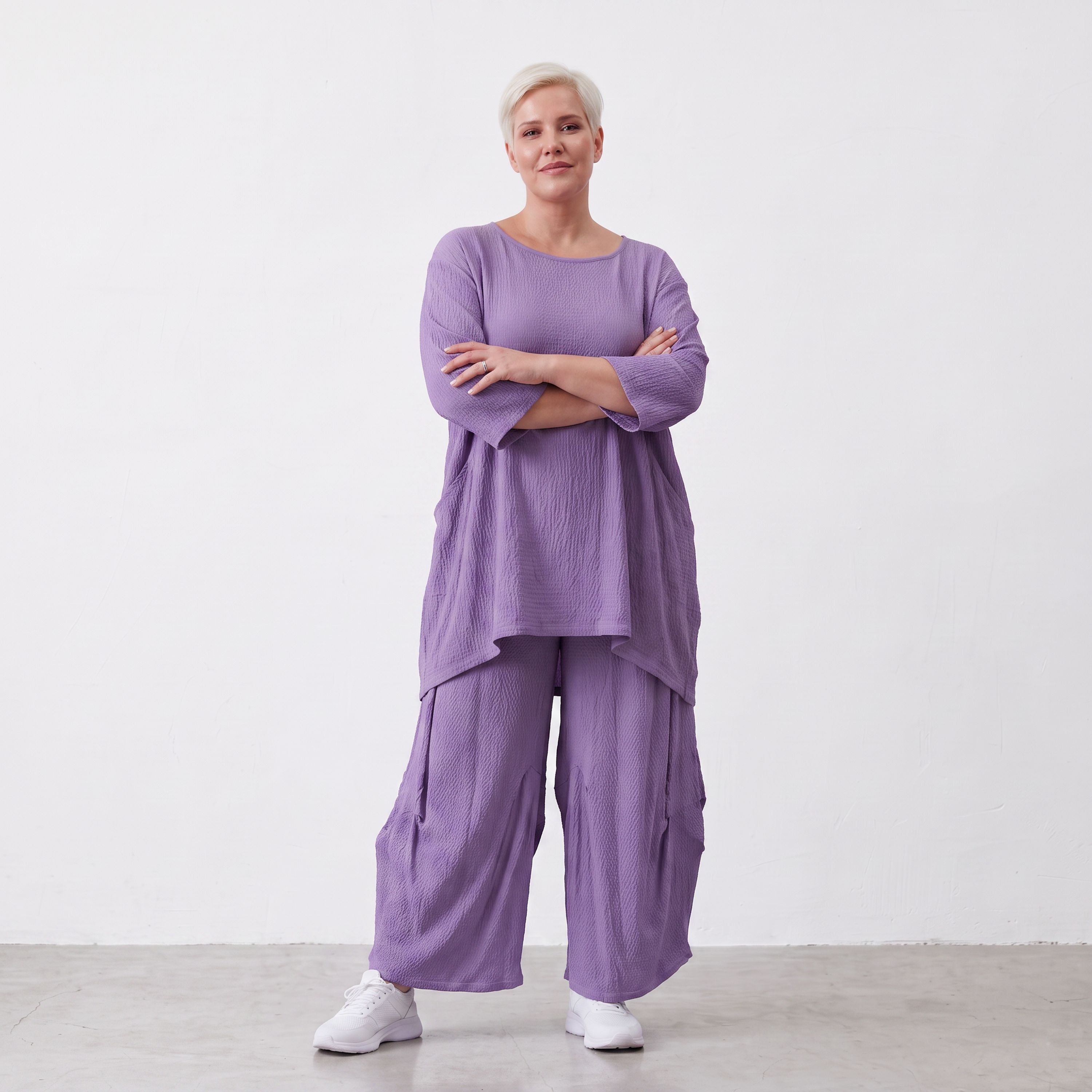 Damen Hose Lagenlook Viskose Lila, Ballonschnitt, Elastikbund, Oversize große Größen – AKH Fashion