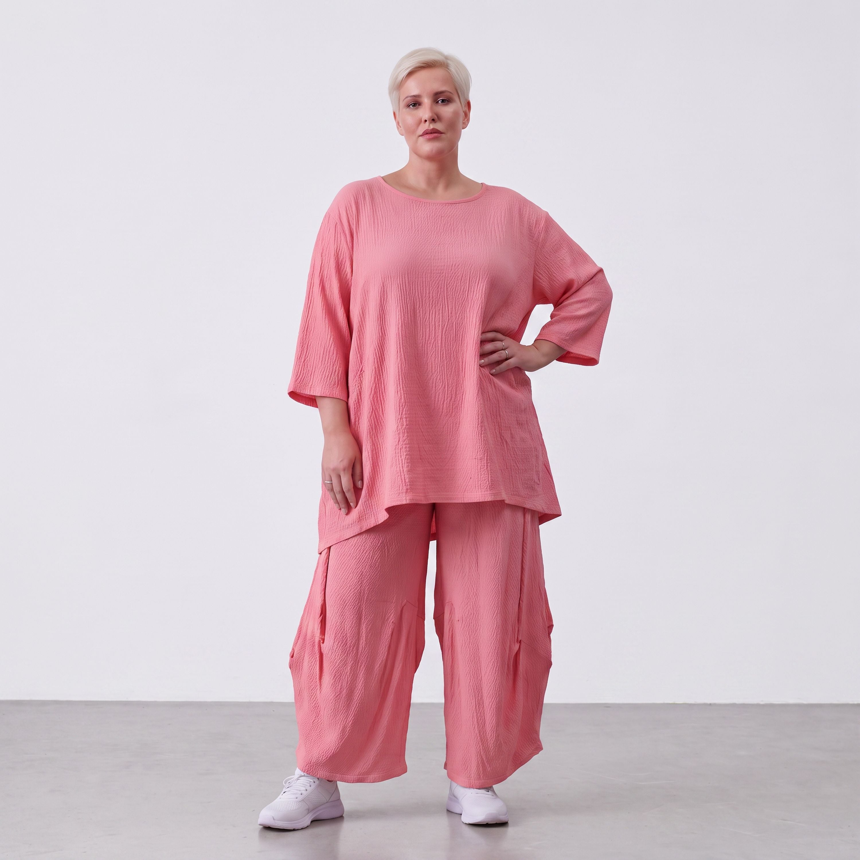 Damen Shirt Lagenlook Viskose Rosa, A-Linie, 3/4-Arm, Seitentaschen, Oversize große Größen – AKH Fashion