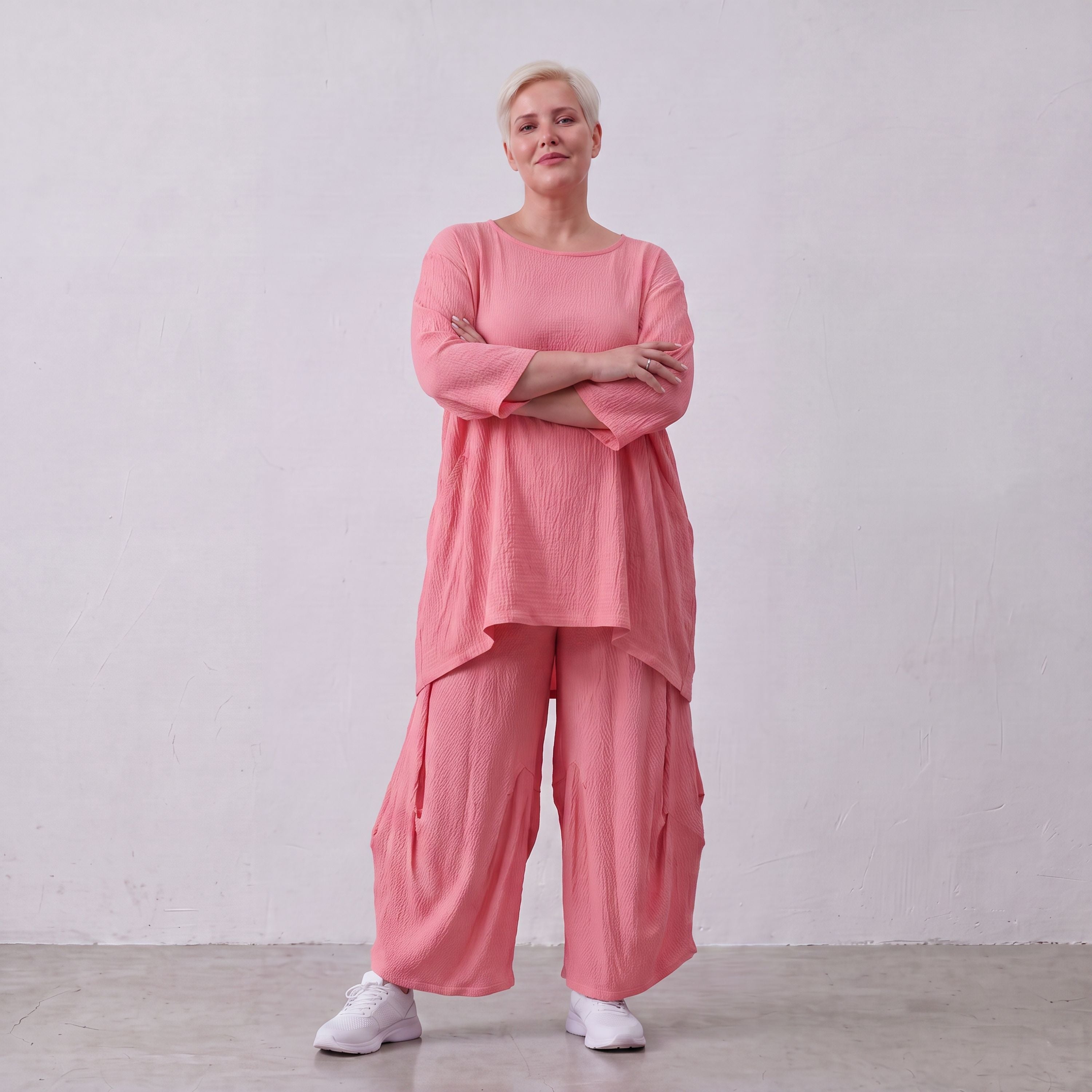 Damen Shirt Lagenlook Viskose Rosa, A-Linie, 3/4-Arm, Seitentaschen, Oversize große Größen – AKH Fashion