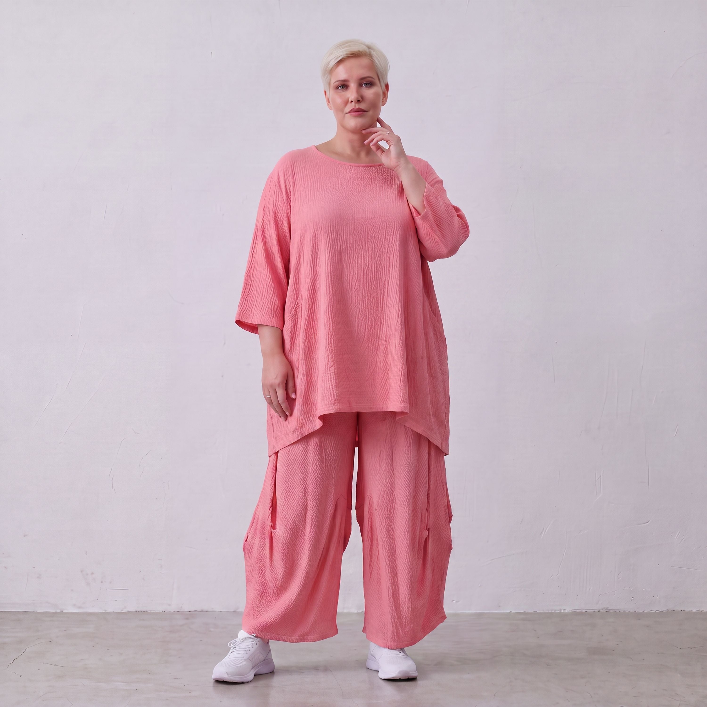 Damen Hose Lagenlook Viskose Rosa, Ballonschnitt, Elastikbund, Oversize große Größen – AKH Fashion