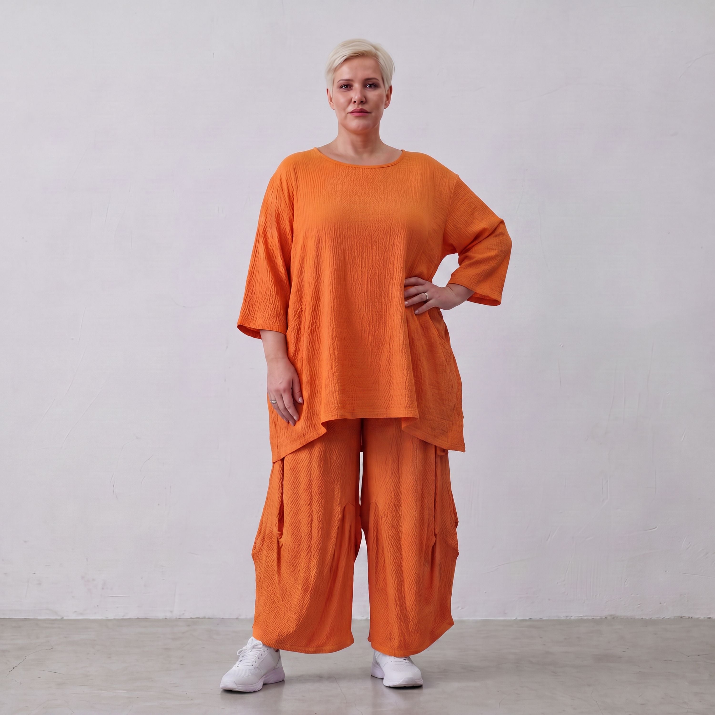 Damen Hose Lagenlook Viskose Orange, Ballonschnitt, Flügeltaschen, Oversize große Größen – AKH Fashion