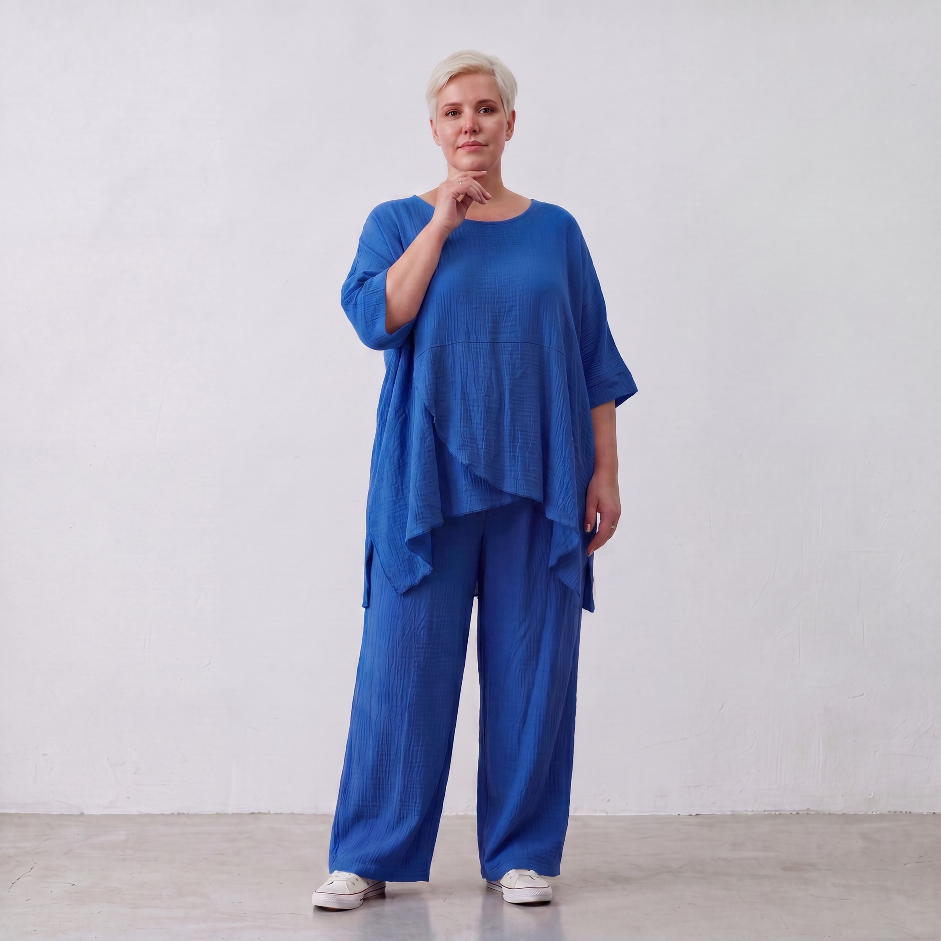 Damen Hose Lagenlook Viskose Royalblau, Elastikbund, Oversize große Größen – AKH Fashion