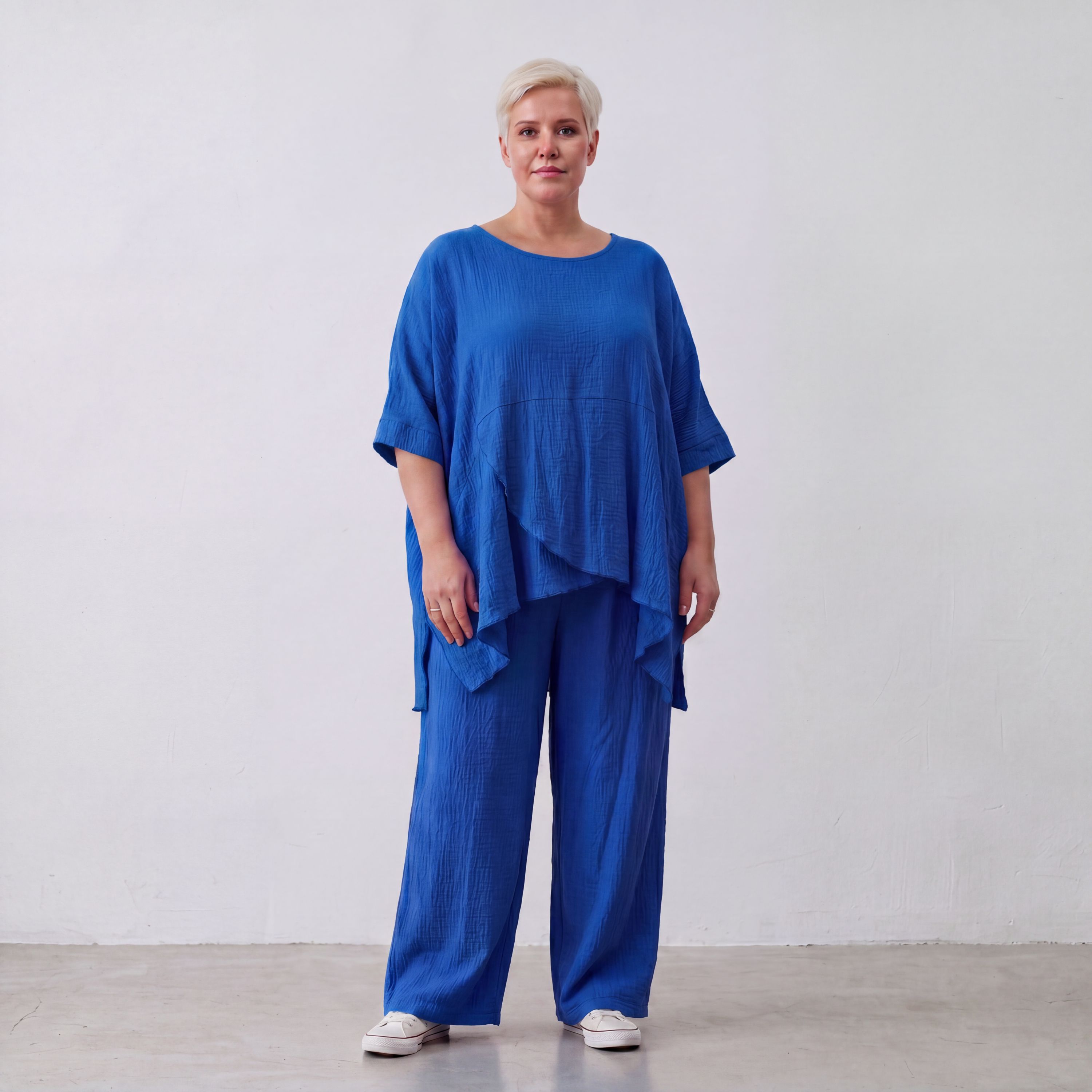 Damen Shirt Lagenlook Viskose Royalblau, kastiger Schnitt, Kurzarm, Oversize große Größen – AKH Fashion