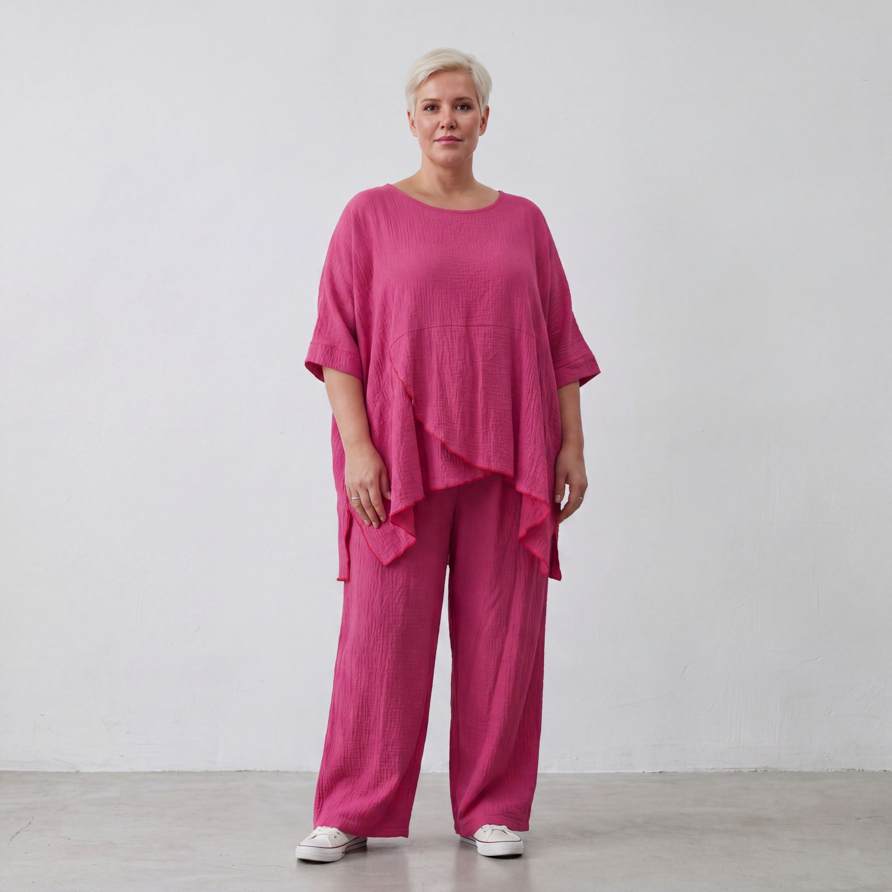 Damen Hose Lagenlook Viskose Fuchsia, Elastikbund, Oversize große Größen – AKH Fashion