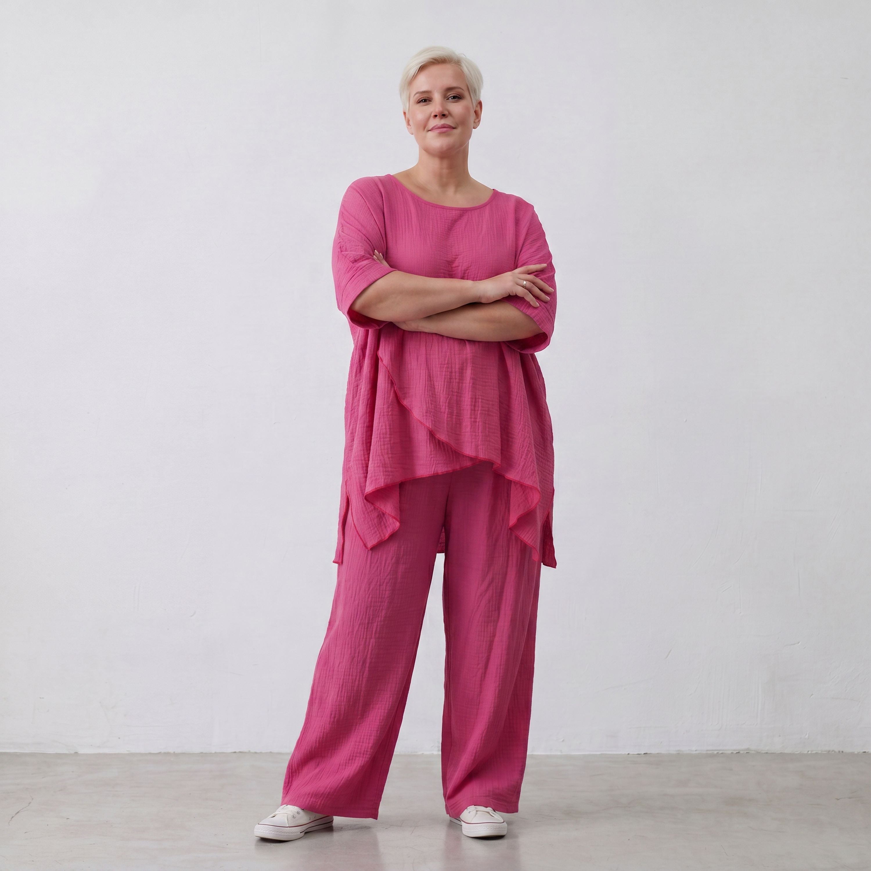 Damen Shirt Lagenlook Viskose Fuchsia, kastiger Schnitt, Kurzarm, Oversize große Größen – AKH Fashion