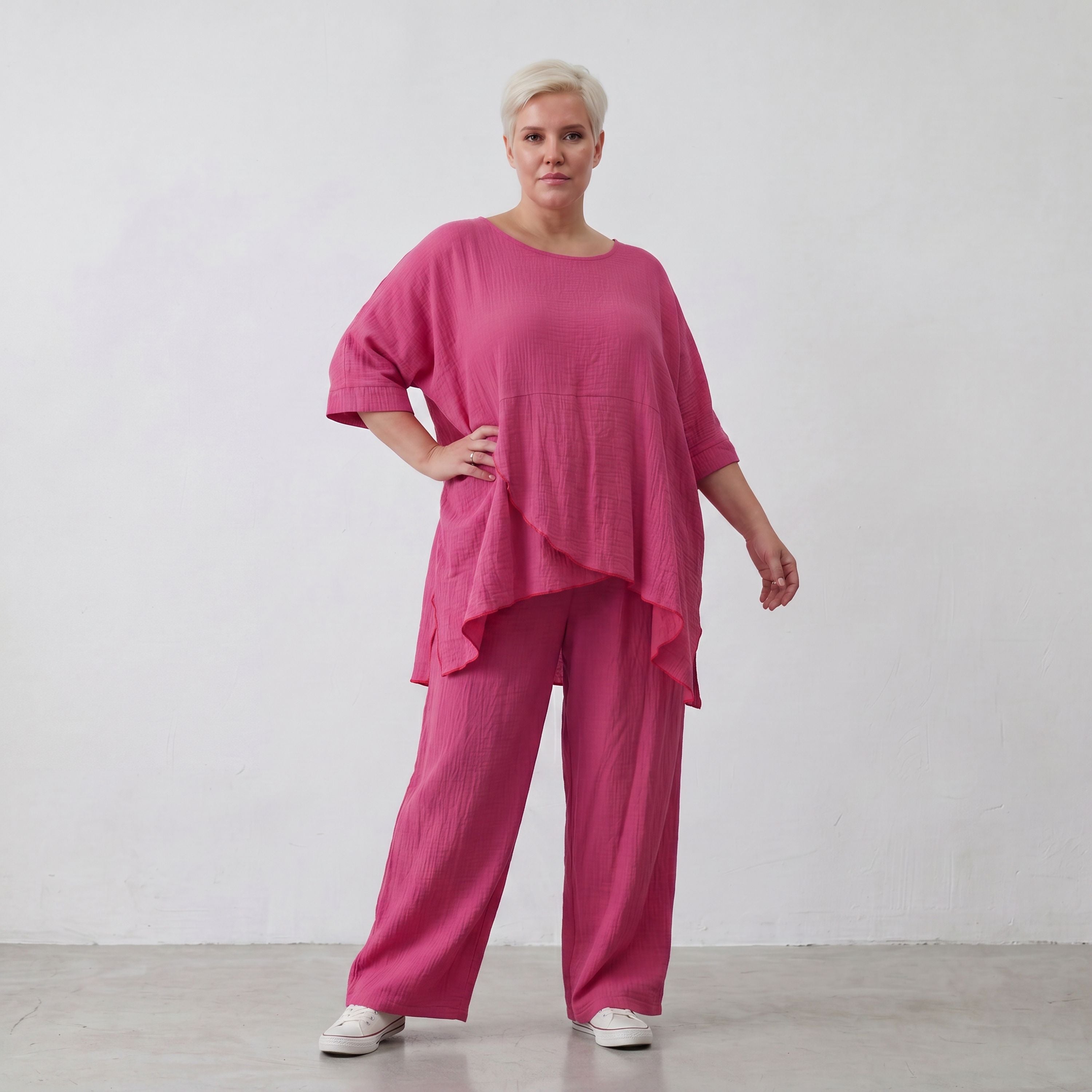 Damen Hose Lagenlook Viskose Fuchsia, Elastikbund, Oversize große Größen – AKH Fashion