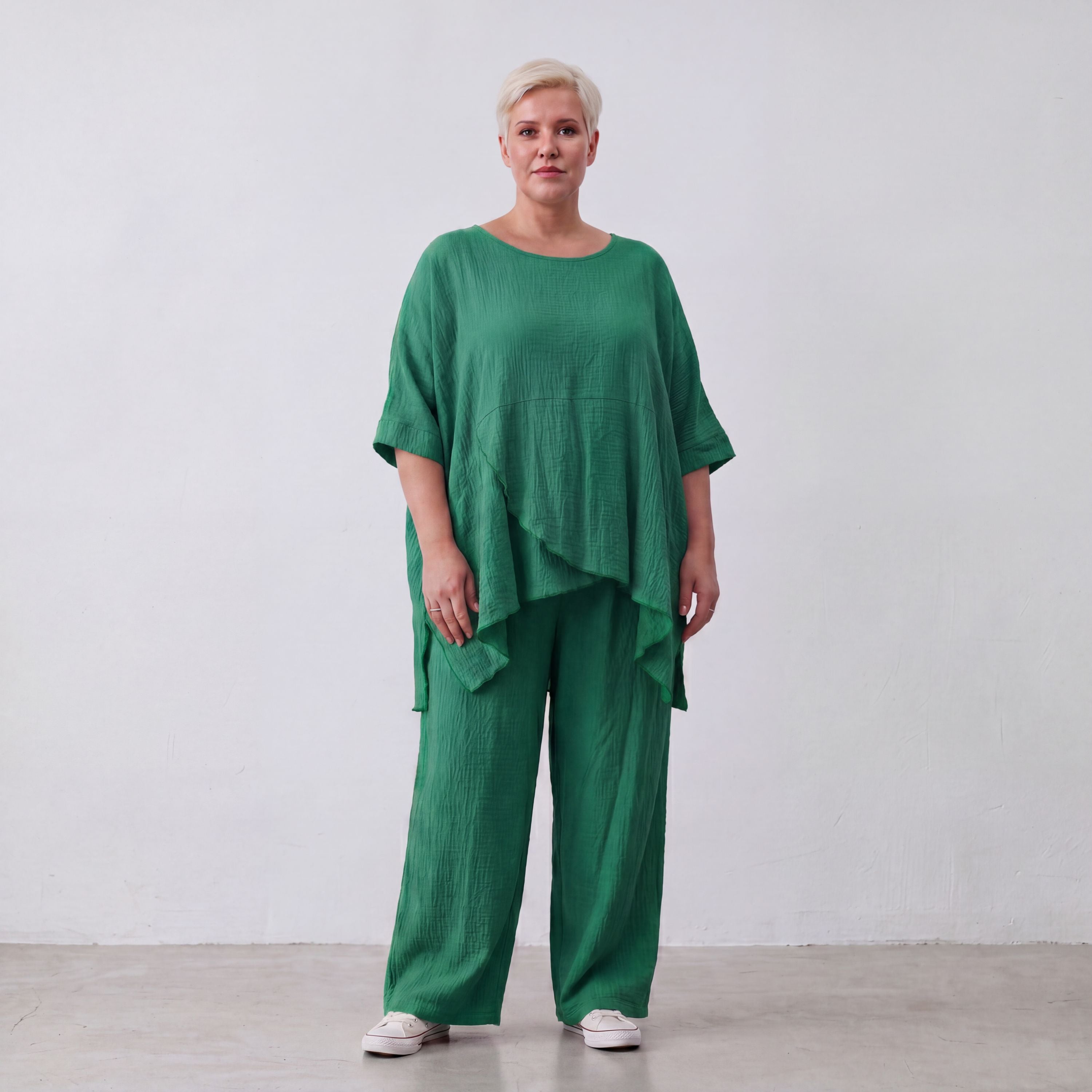 Damen Hose Lagenlook Viskose Grün, gerader Schnitt, Flügeltaschen, Oversize große Größen – AKH Fashion