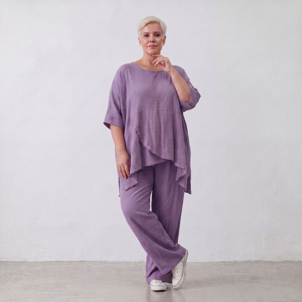 Damen Shirt Lagenlook Viskose Lila, kastiger Schnitt, Kurzarm, Oversize große Größen – AKH Fashion